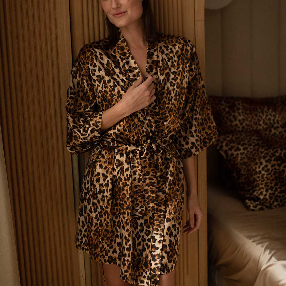 Leopard Luxurious leopard print silk robe and matching eye mask crafted from 25 momme mulberry silk, perfect for adding elegance and comfort to your loungewear collection.