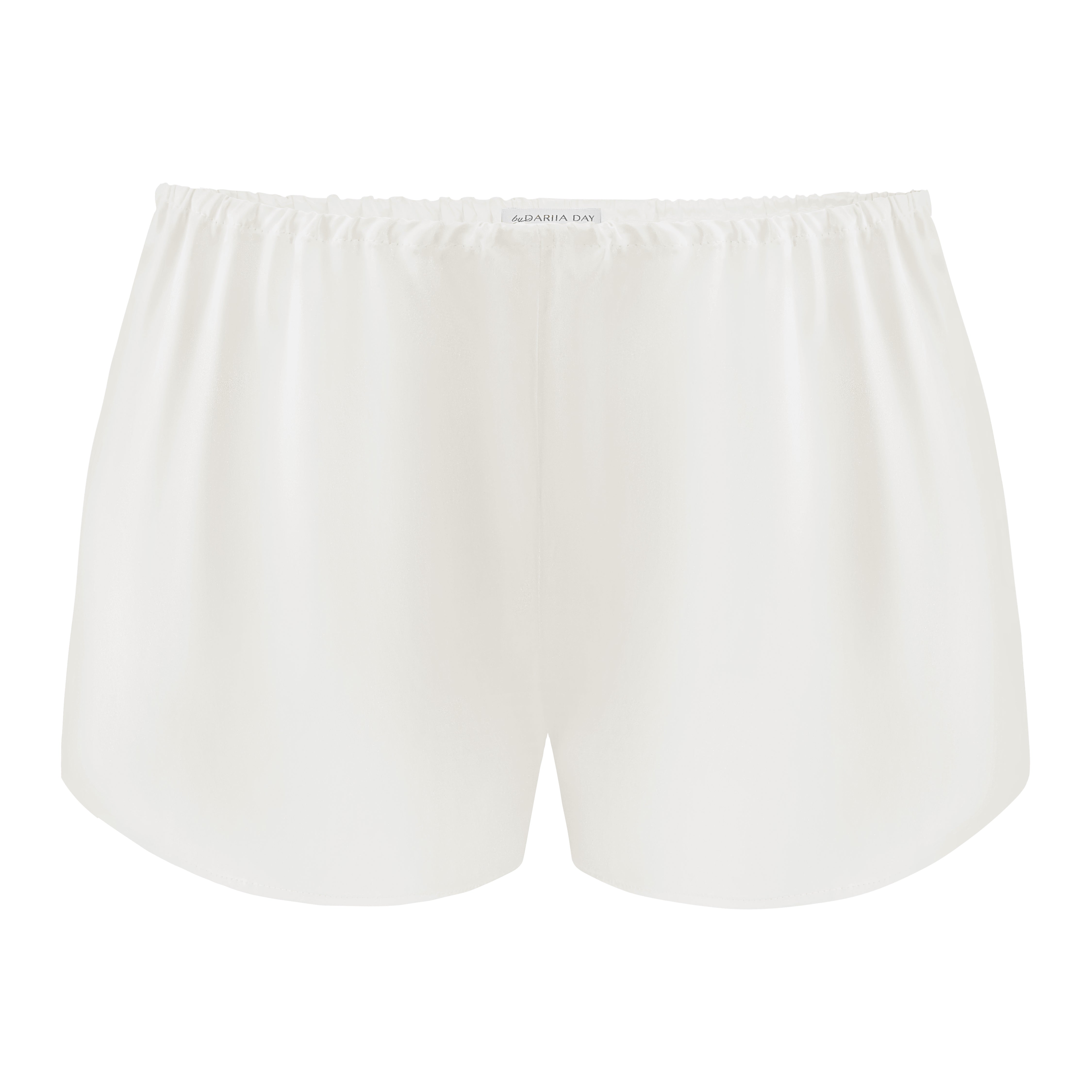 White Front view of powder white silk shorts by Dariia Day, showcasing smooth and luxurious silk fabric.