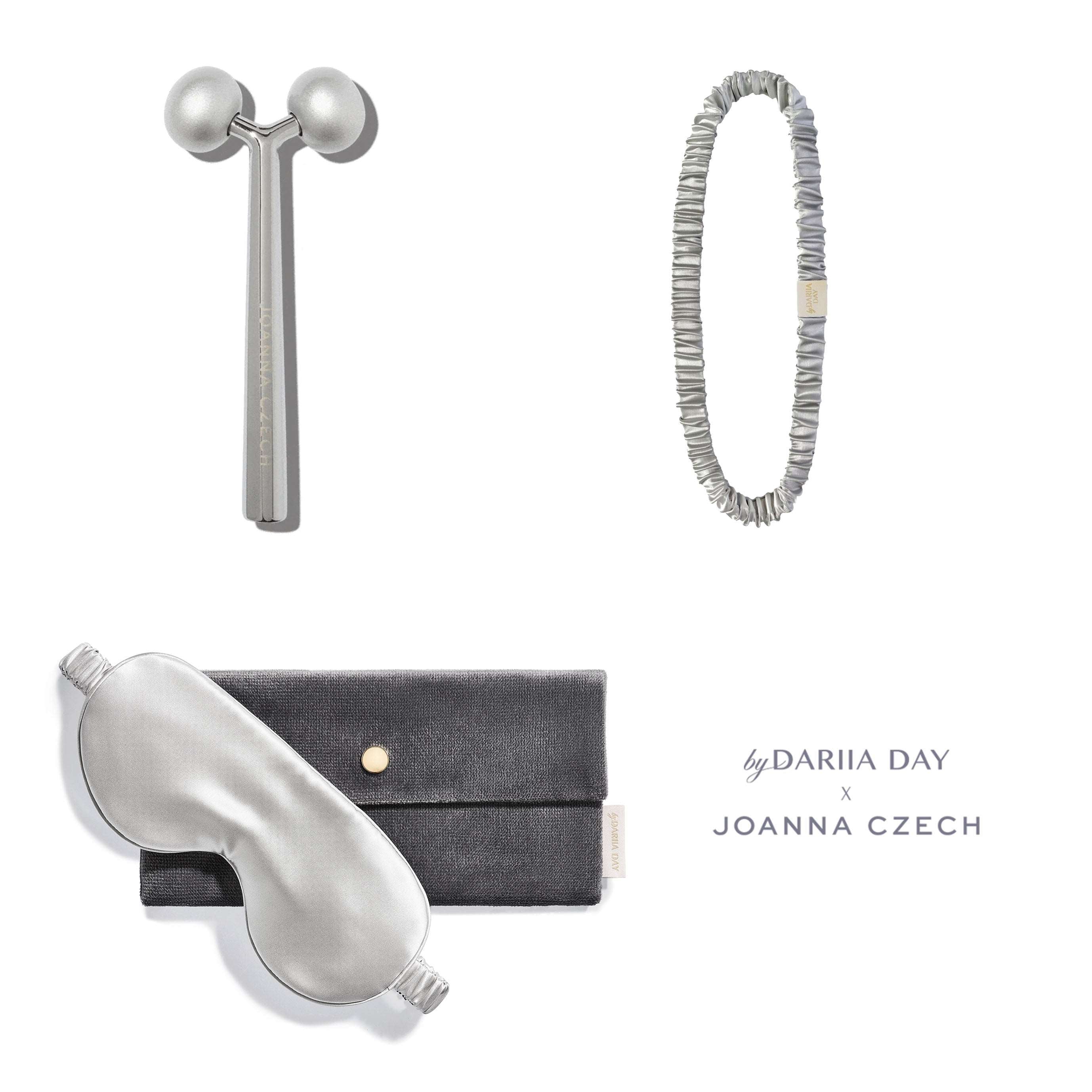 Self-care set by Dariia Day and Joanna Czech with a silk eye mask, headband and face massager