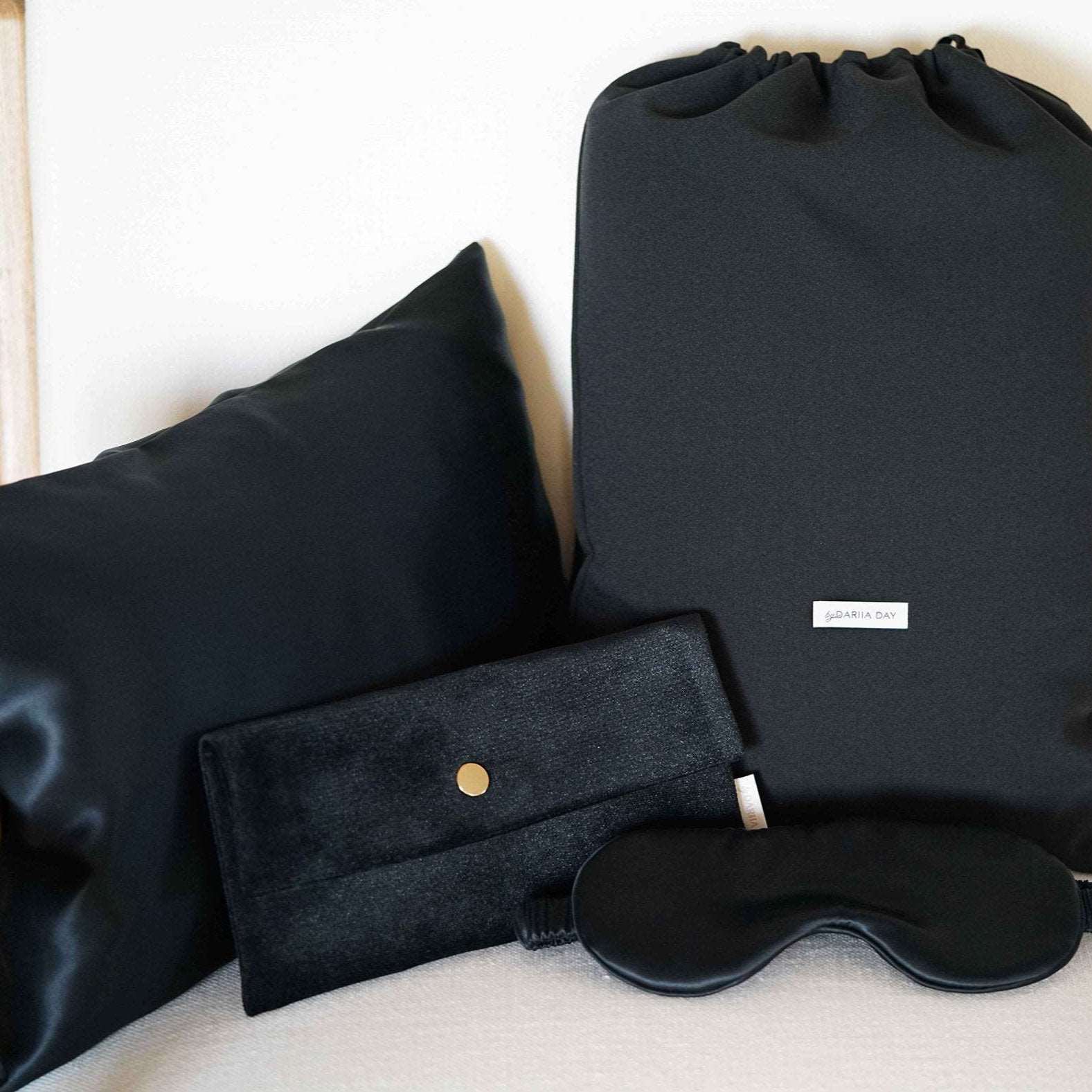 Black Mulberry silk Travel Set by Dariia Day Midnight Black