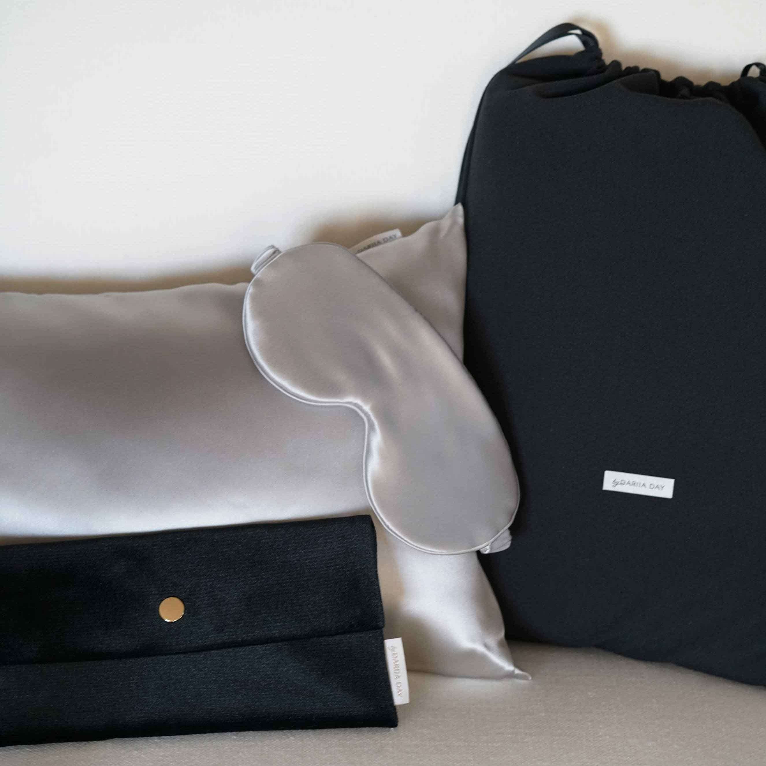 Grey Travel Set in Silver grey by Dariia Day, silver eye mask with a bag