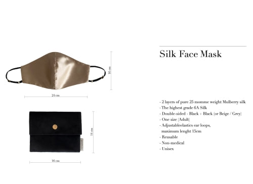 White Dariia Day's silk face mask measurement guide and details, showing the beige mask and black travel pouch dimensions.