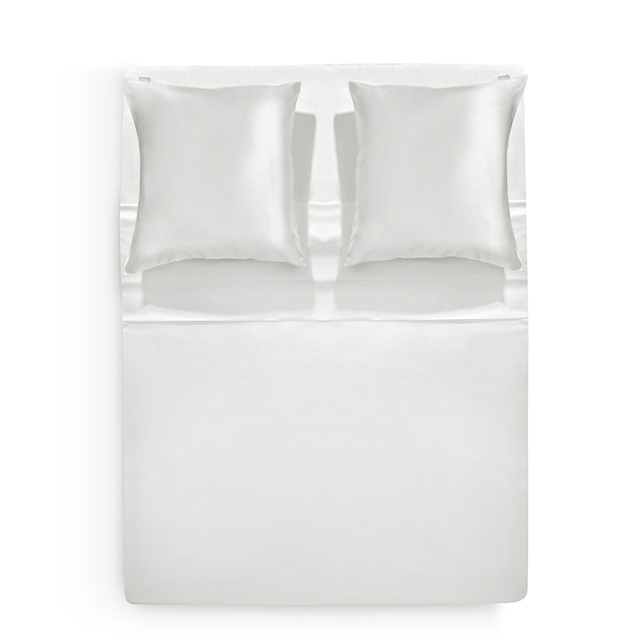 White Powder White silk bedding set including pillowcases and flat sheet by Dariia Day for luxury sleep
