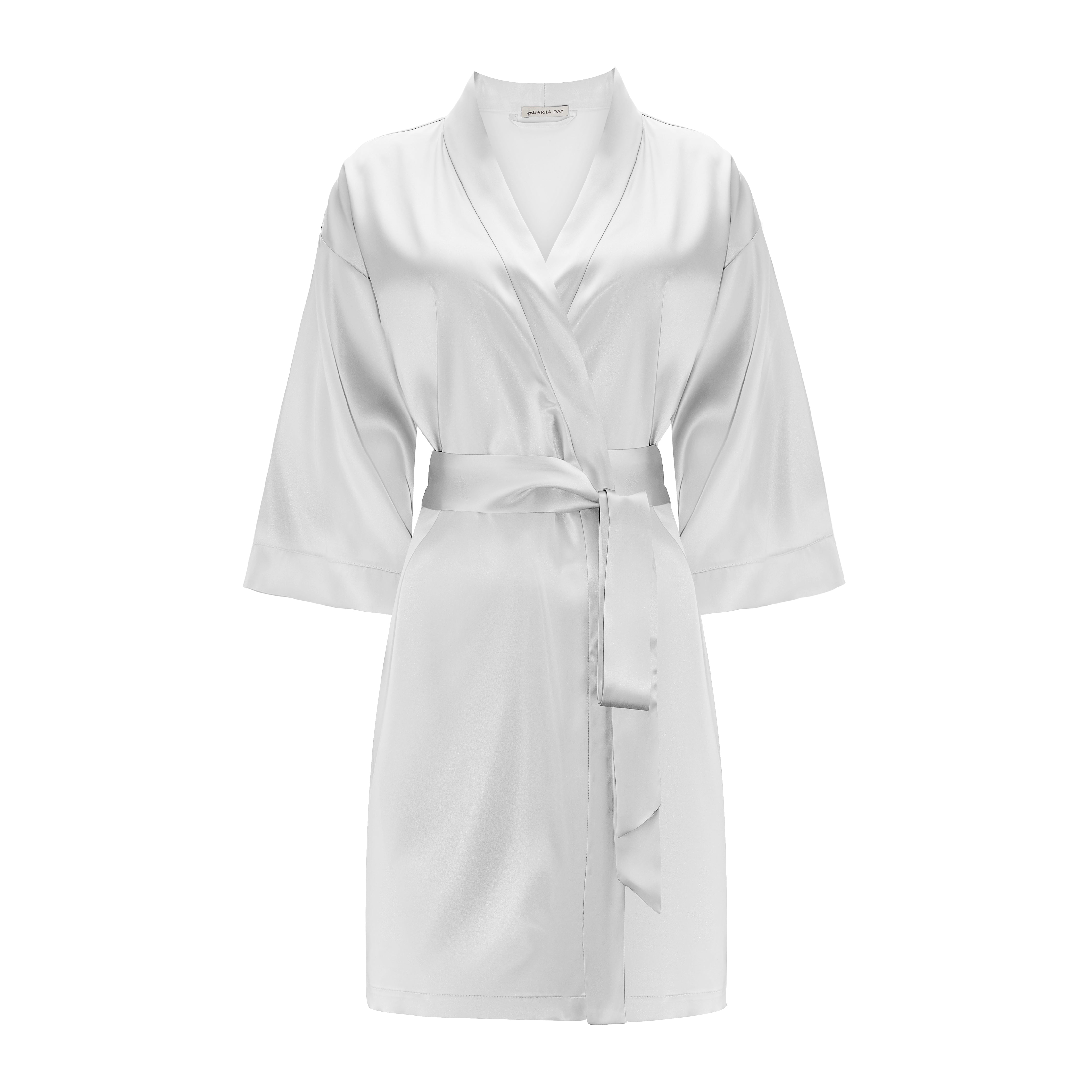 Grey Front view of the silver grey silk robe by Dariia Day, showcasing the elegant wrap design and tie belt.