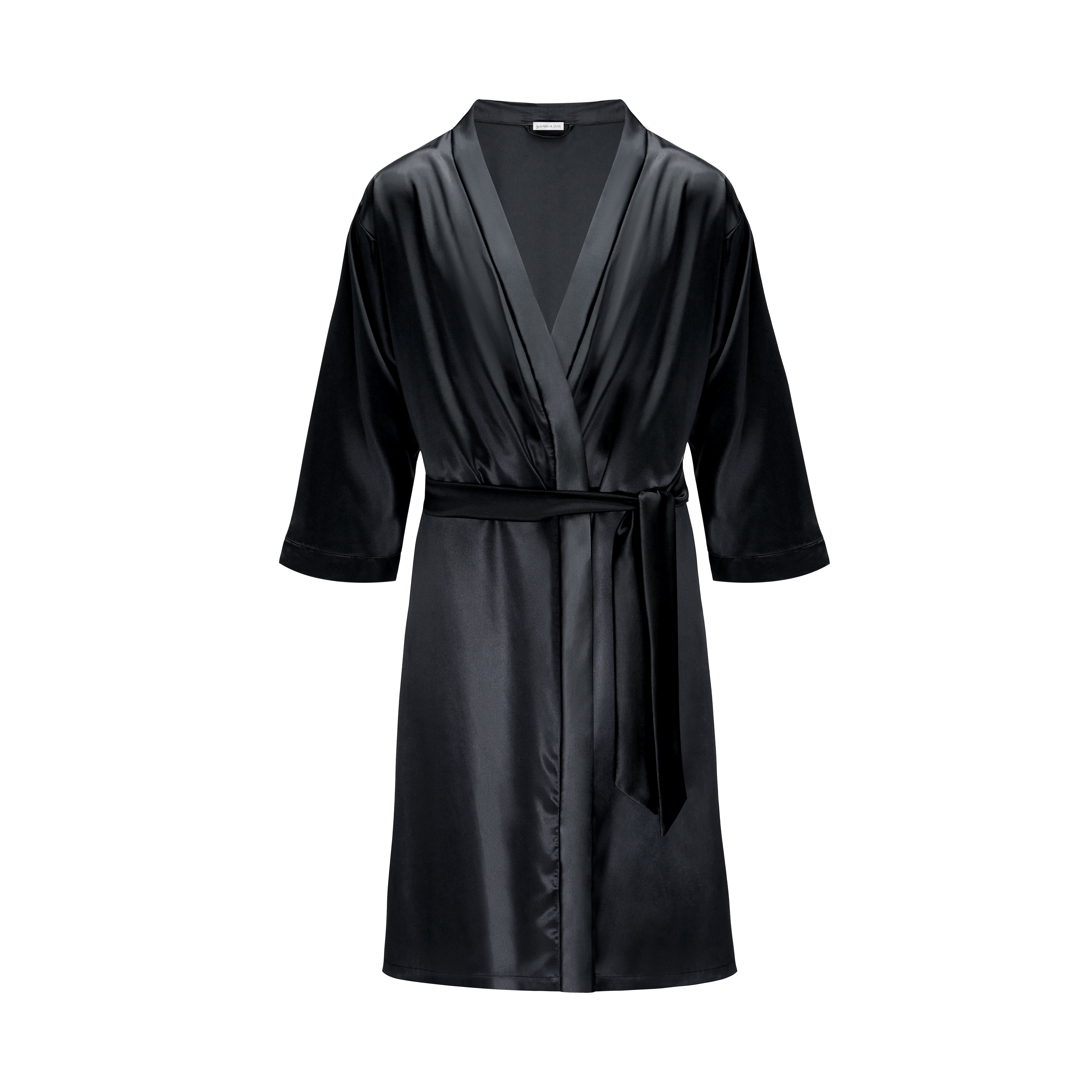 Black Unisex midnight black long silk robe with a tie belt by Dariia Day, displayed on a white background.