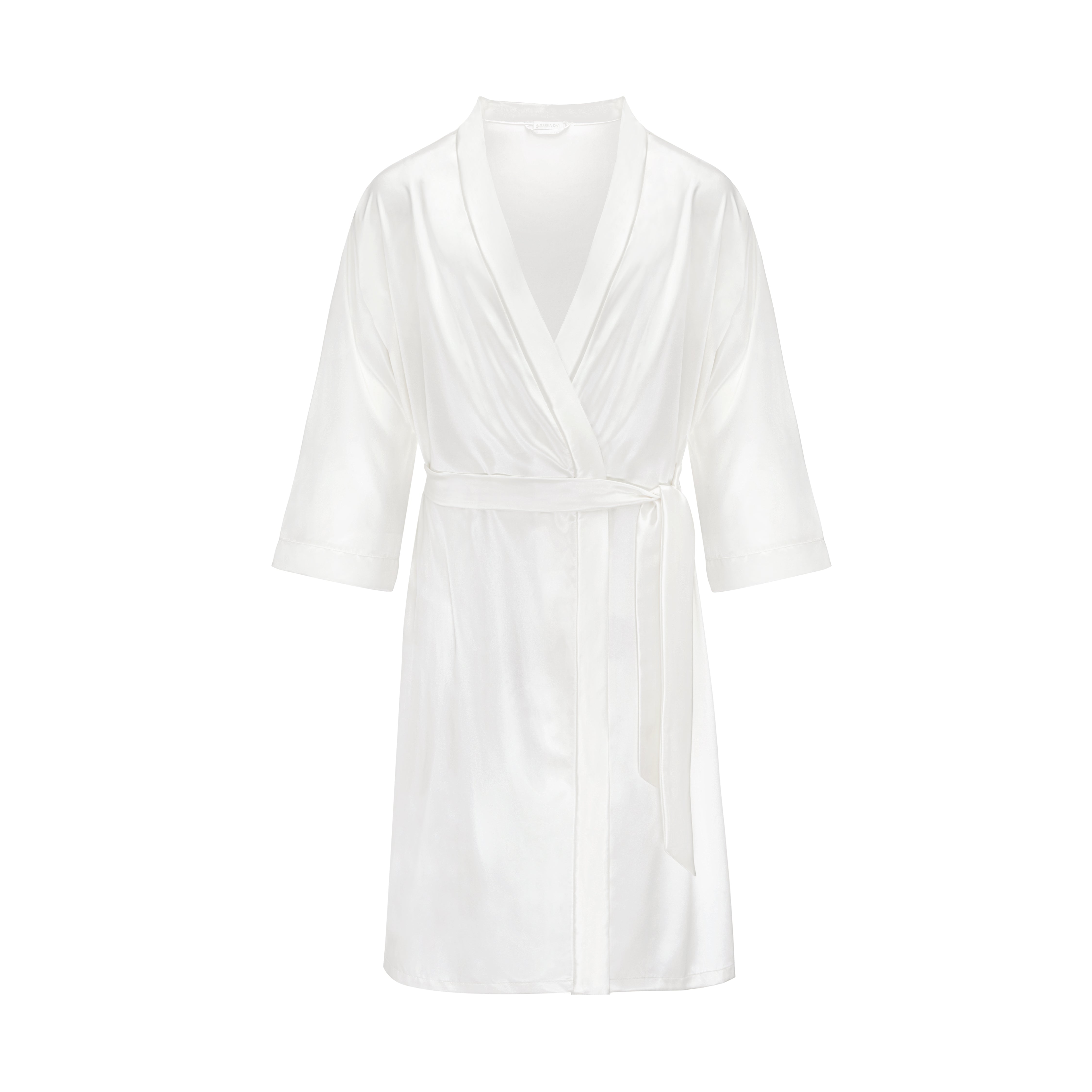 White Unisex powder white long silk robe with a tie belt by Dariia Day, displayed on a white background.