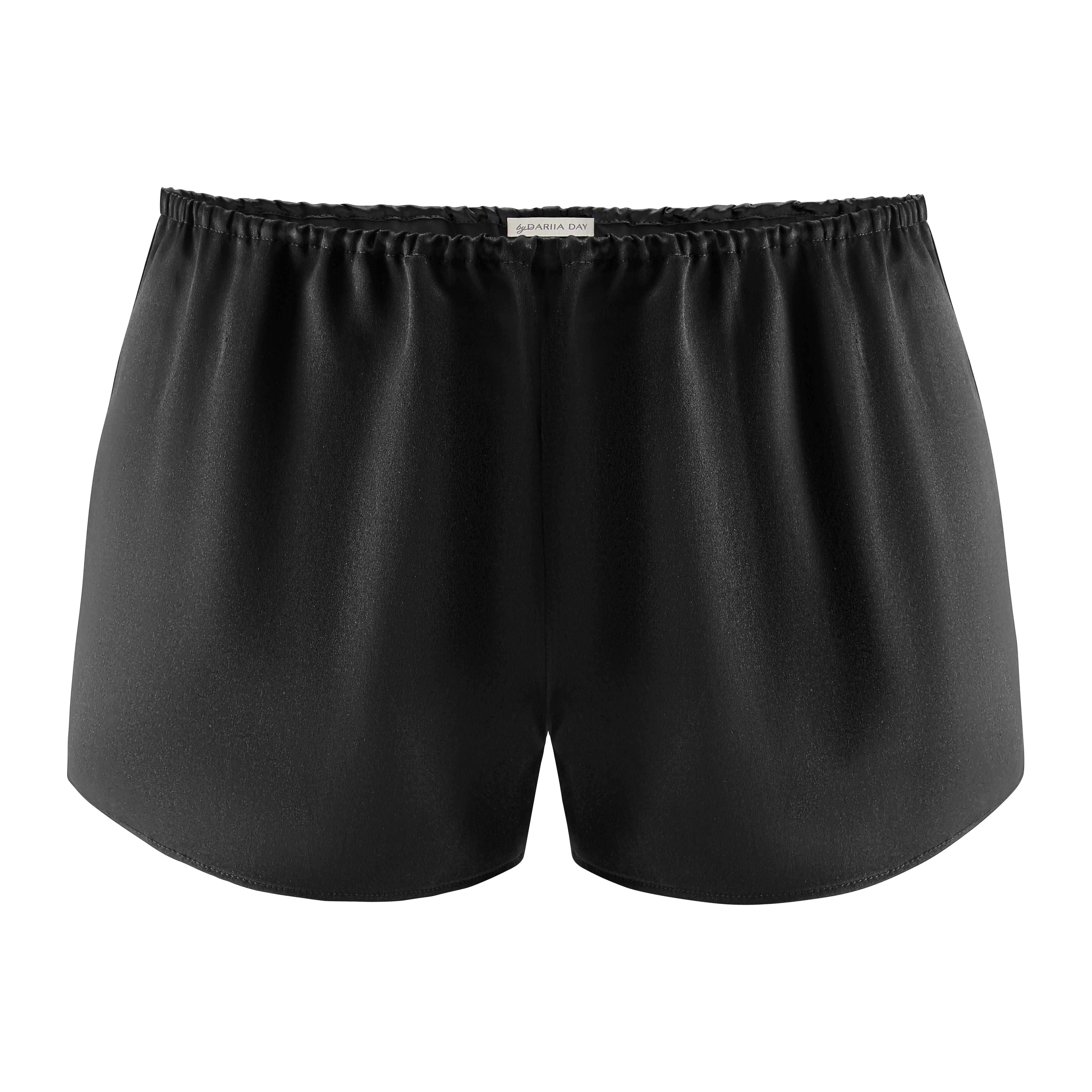 Luxury black silk shorts by Dariia Day, perfect for stylish comfort and elegance.