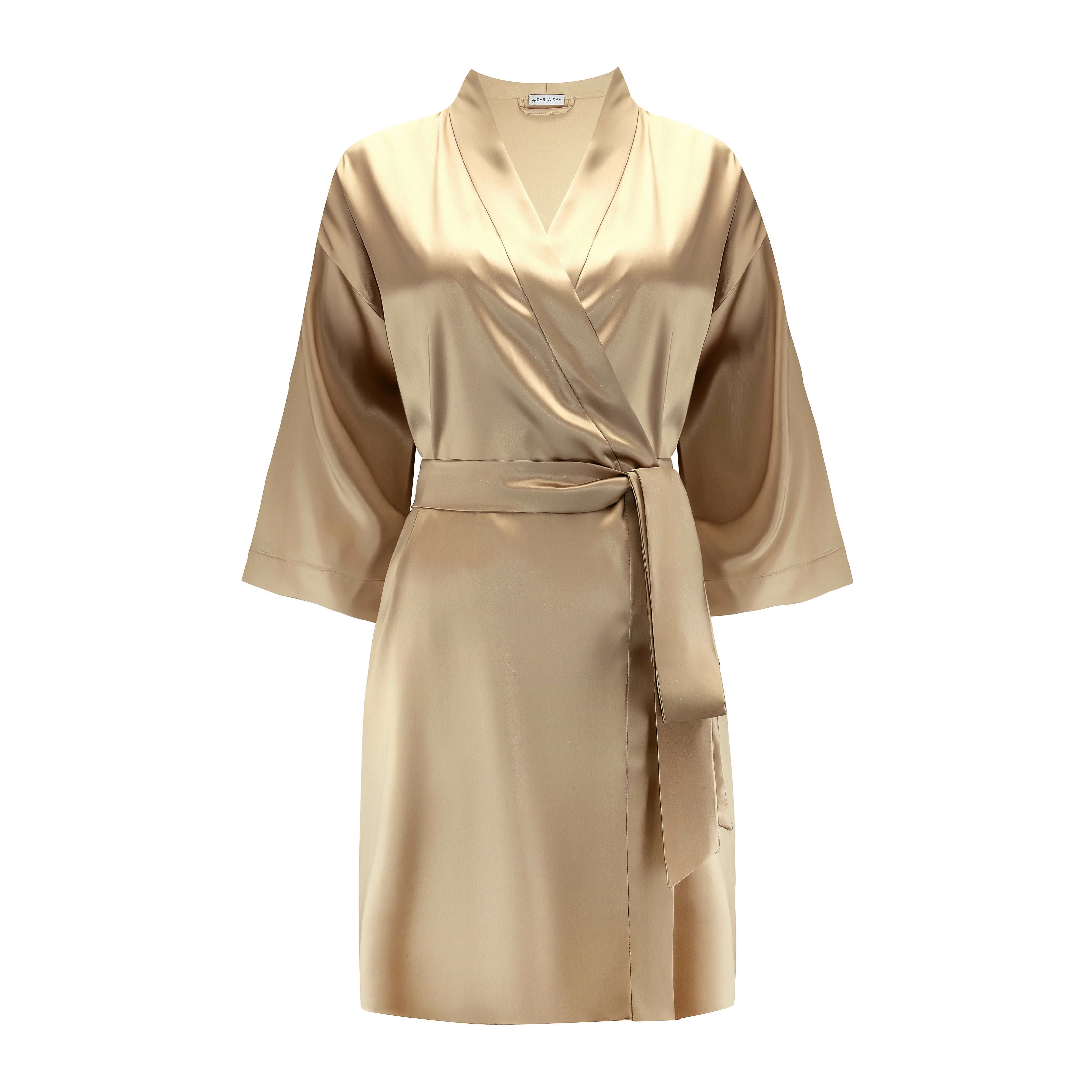  Beige silk robe with a classic kimono-style design and matching belt.