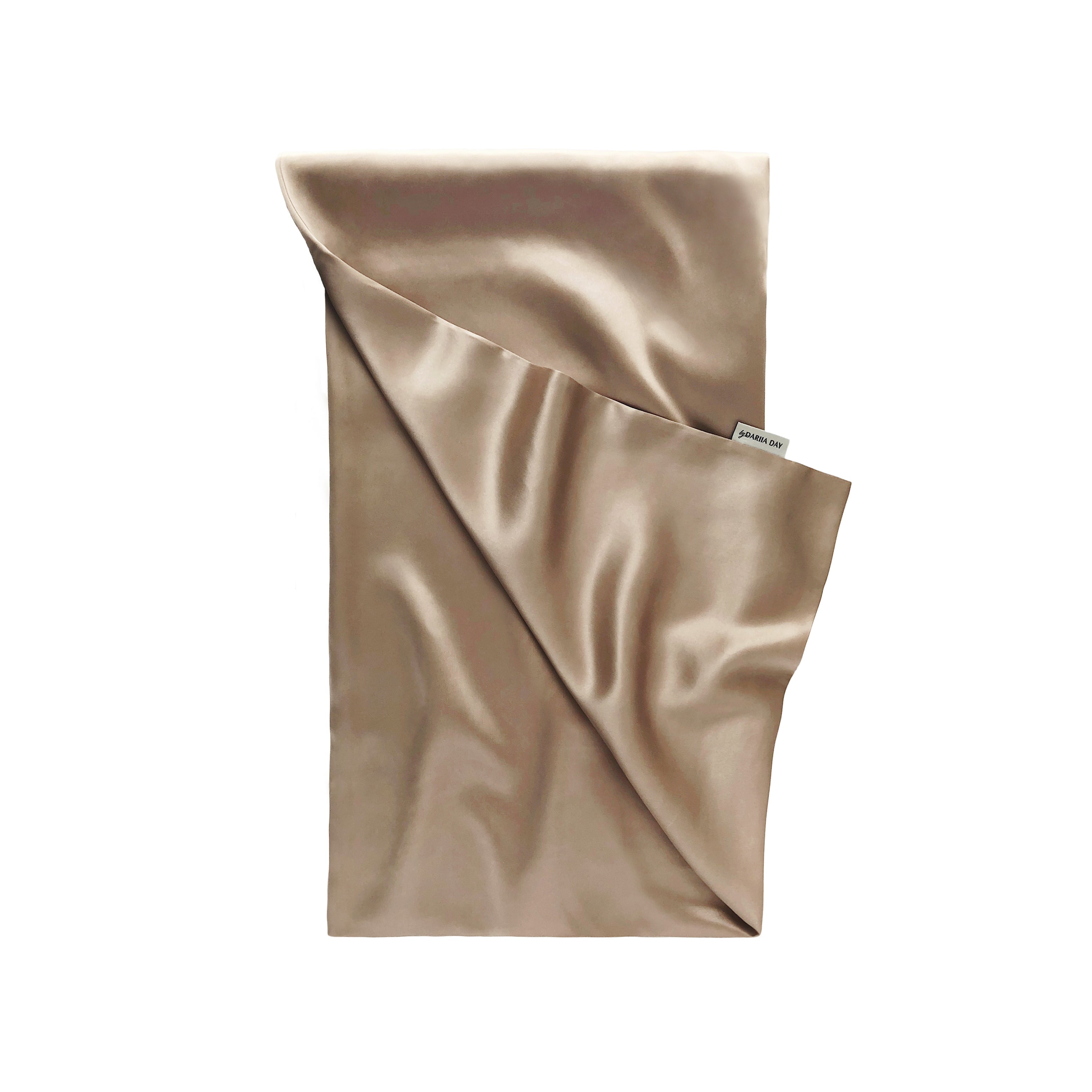 Luxury beige silk pillowcase by Dariia Day, shown unfolded with a smooth finish, made from 100% natural mulberry silk.