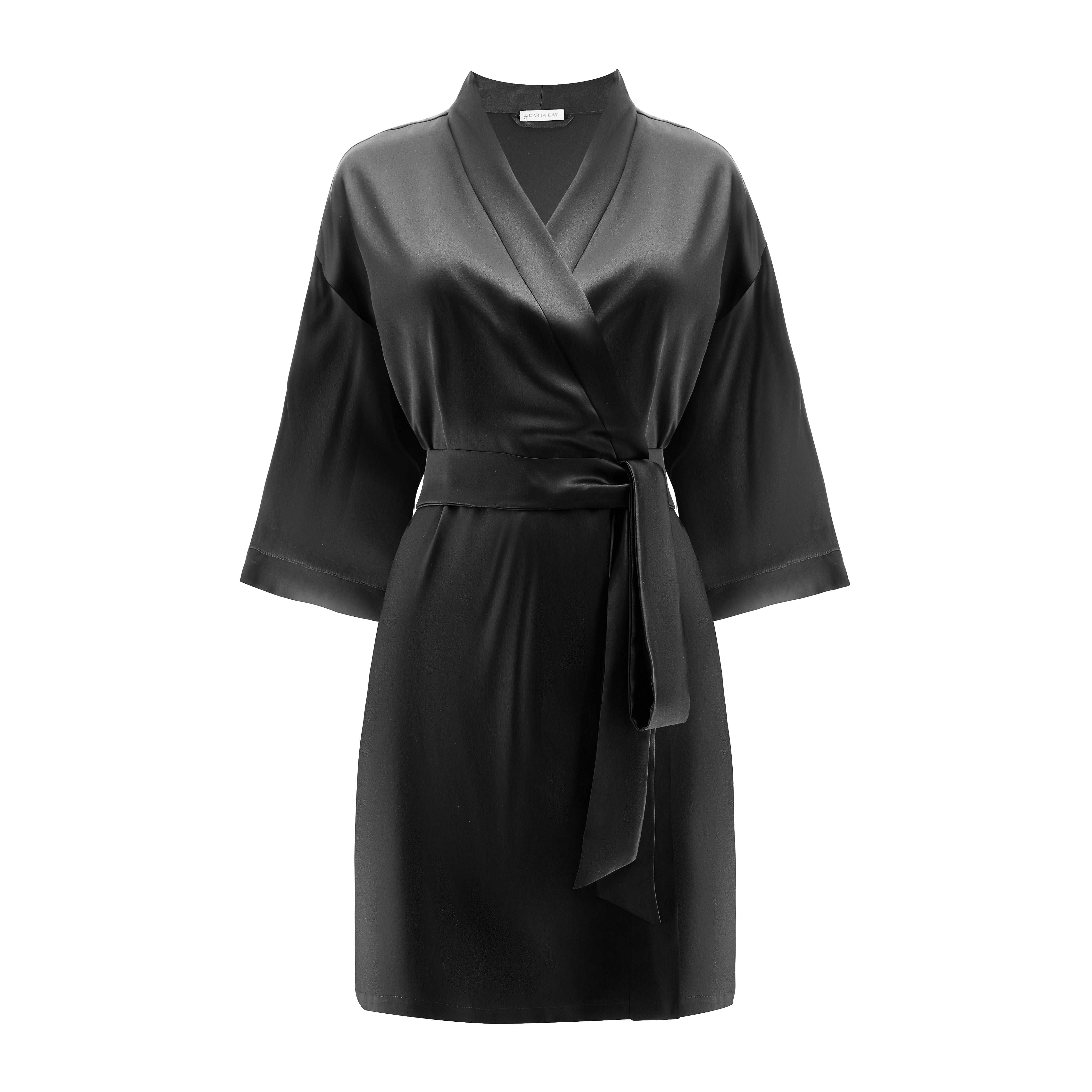 Black silk robe by Dariia Day, product shot of the front view, made from 100% natural mulberry silk for a luxurious look.