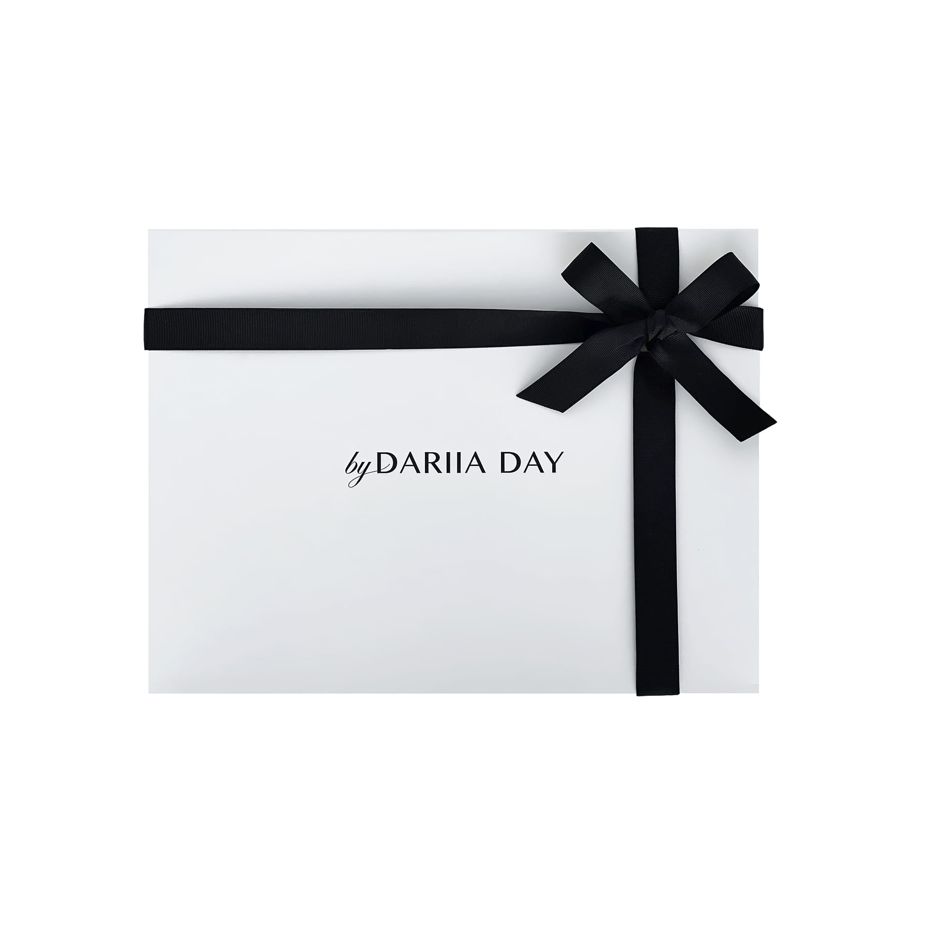 Elegant white gift box by Dariia Day, featuring a black ribbon, ideal for gifting luxury silk products.