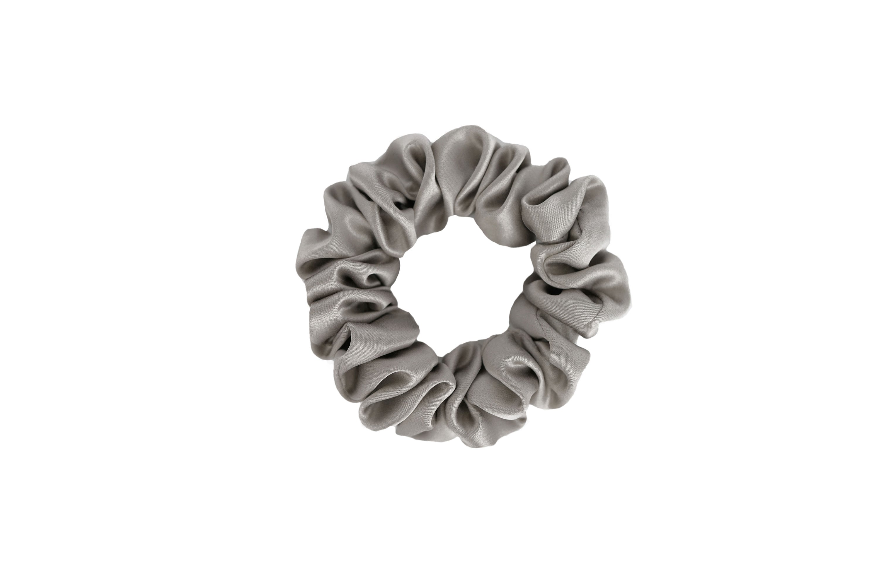 Luxury grey silk scrunchie by Dariia Day, made from 100% natural mulberry silk for a soft and gentle hold on hair.