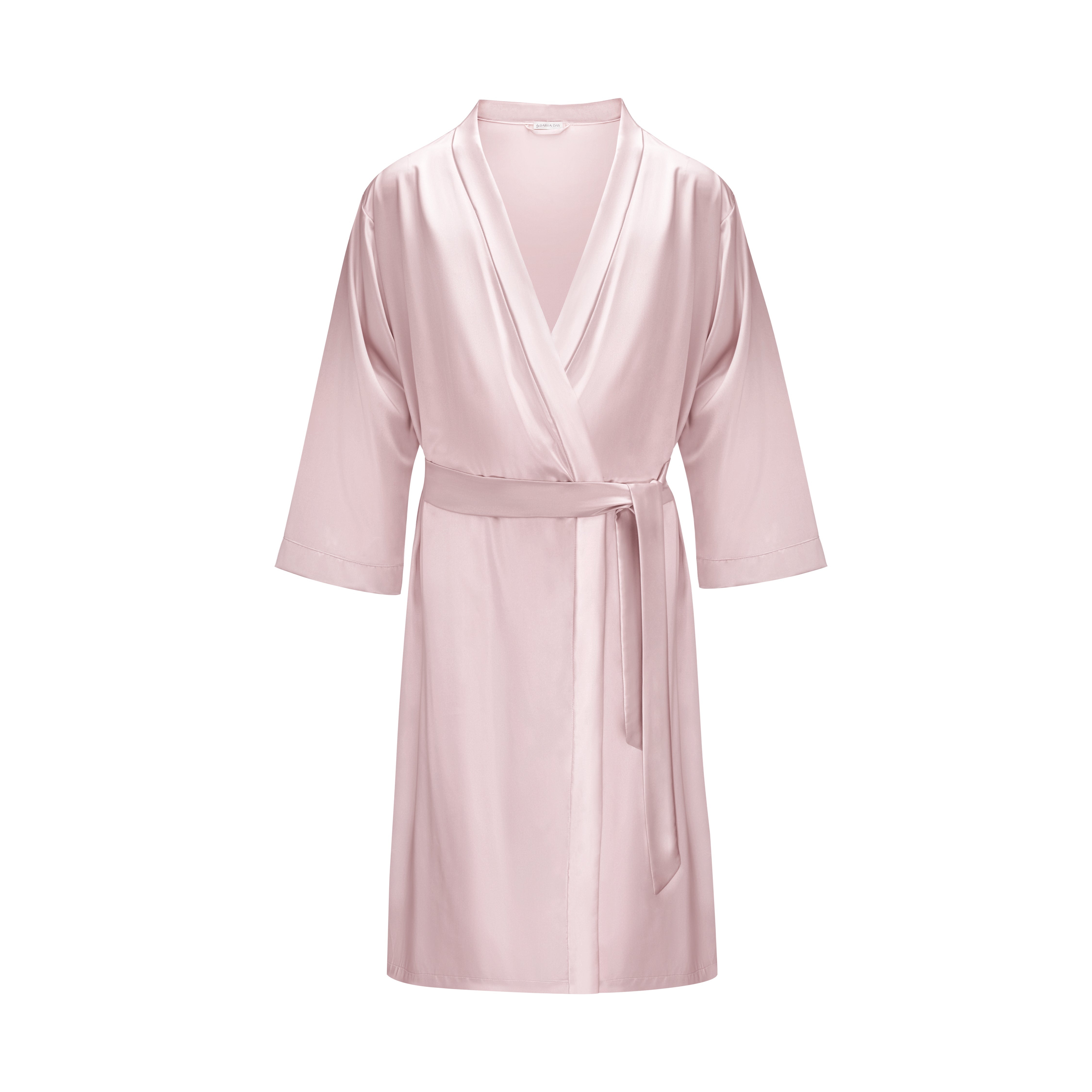 Pink Light pink silk robe with a tie belt by Dariia Day, displayed on a white background.