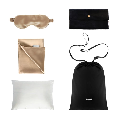 Silk travel set by Dariia Day in french beige, eye mask, velvet pouch and silk pillow.