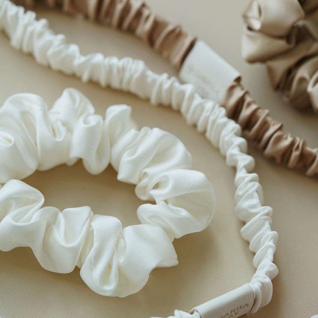 White Silk headband and scrunchie French Beige - Set