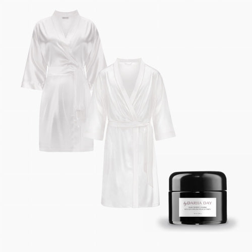 Silky Romance Set by Dariia Day featuring a unisex white silk robe, silk robe for her, and a Silky Body Candle in a luxury setup.