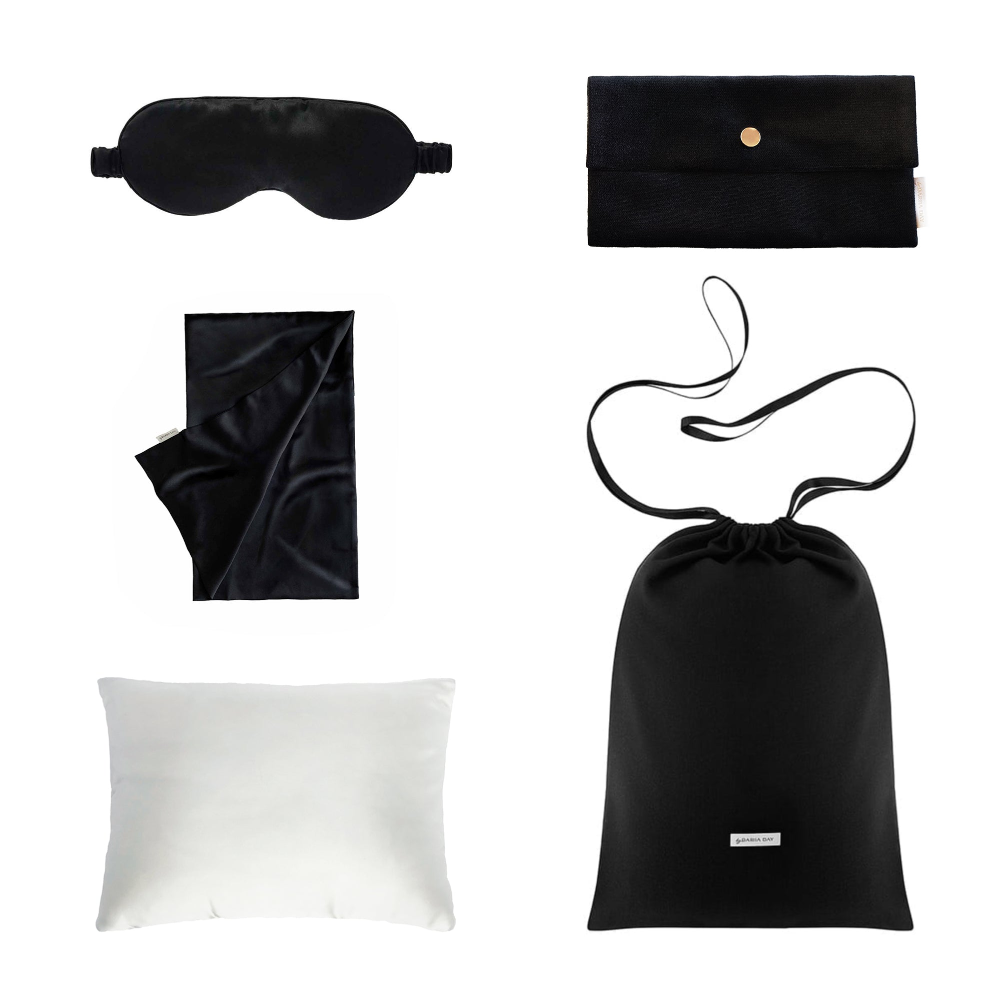 Black Travel Set Midnight Black by Dariia Day, eye mask, velvet pouch, silk pillow.