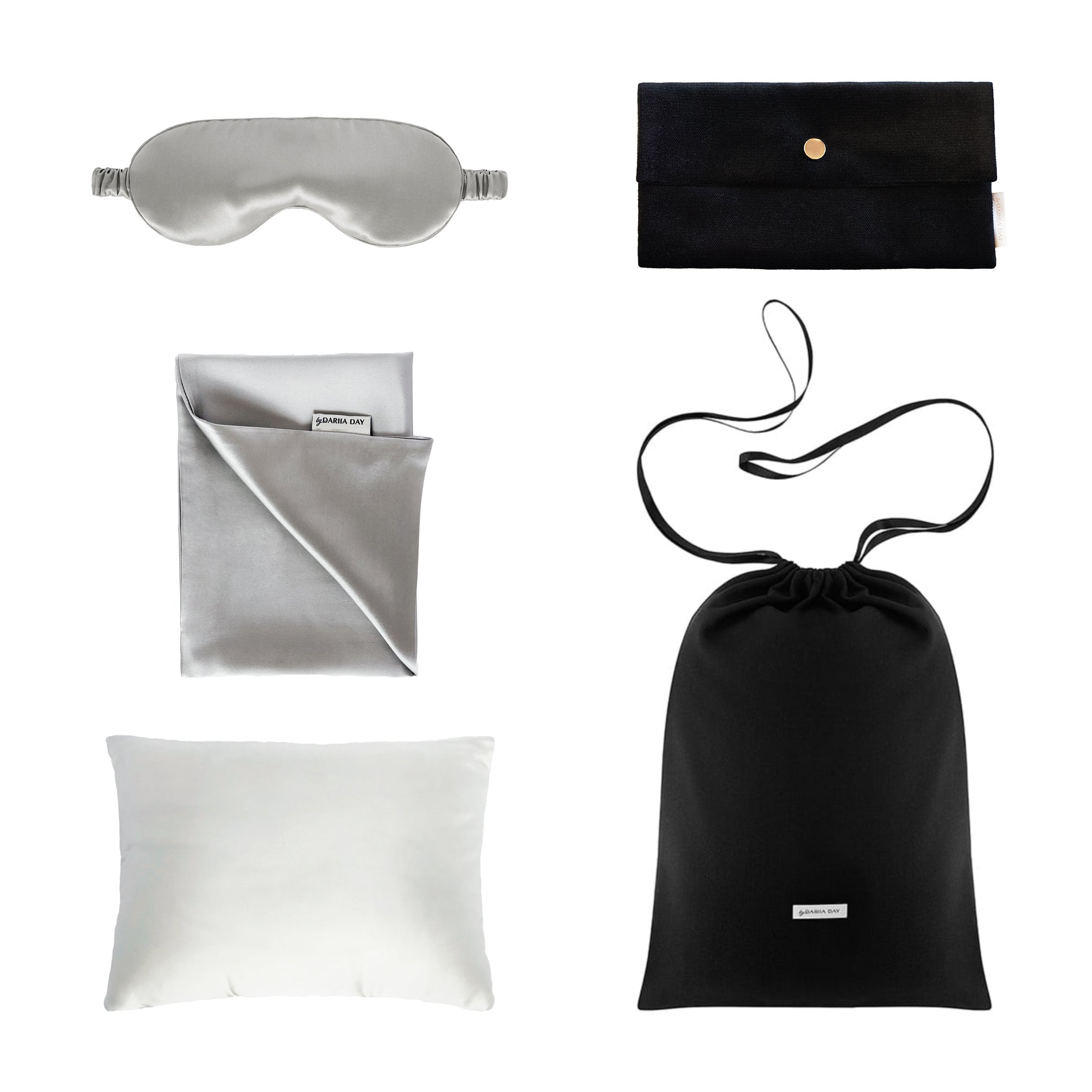 Grey Travel Set in Silver grey by Dariia Day, eye mask, velvet pouch, silk pillow with a bag