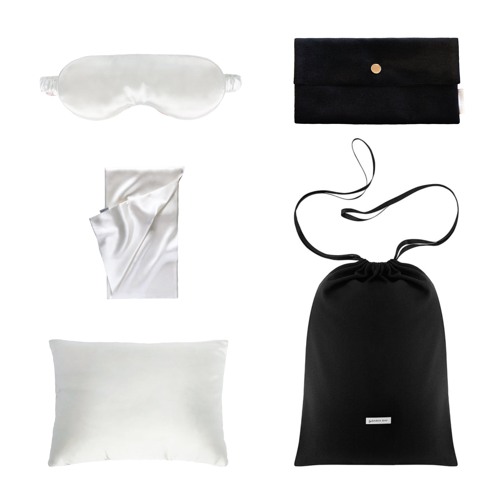 Travel Set in Powder white by Dariia Day, silk eye mask, velvet puch, silk pillow with a bag