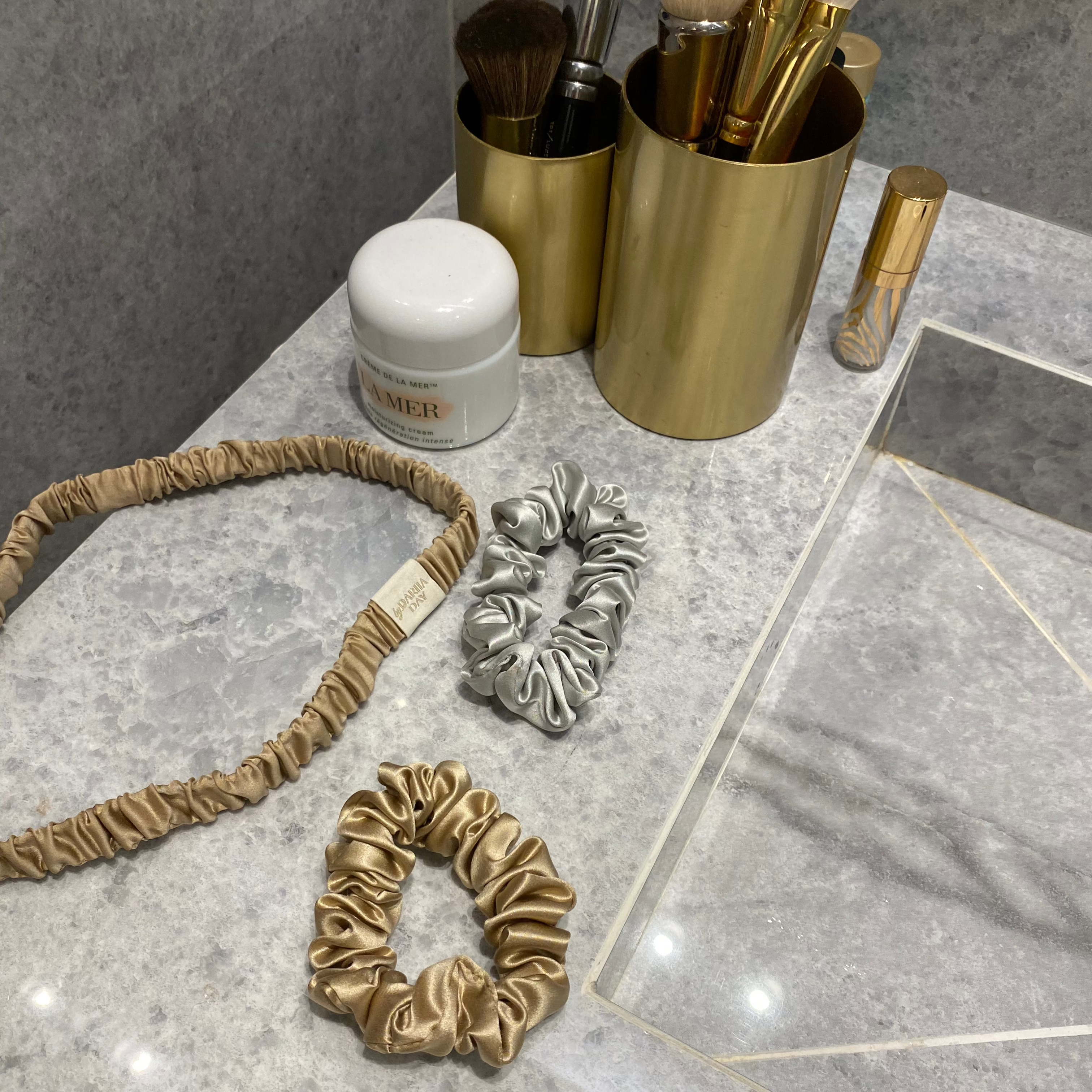 Beige Bathroom with silk scrunchies and headband, 25 momme, in grey and beige by By Dariia Day