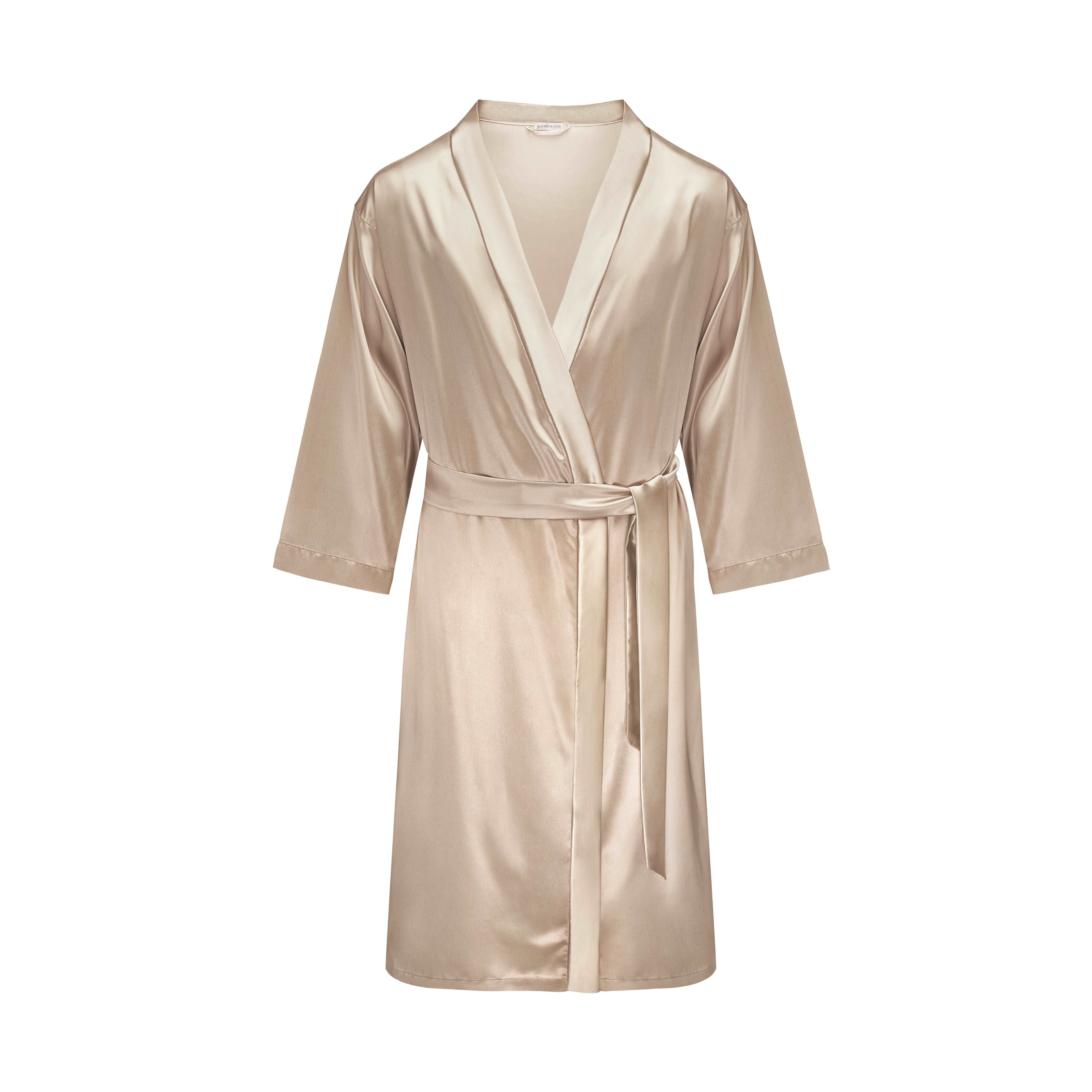 Beige silk robe with a tie belt by Dariia Day, displayed on a white background.