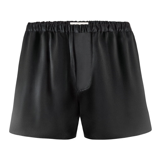 Black silk boxers by Dariia Day, displayed on a white background, featuring an elastic waistband and soft texture.