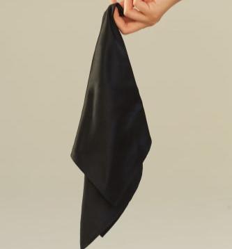 Black A hand holding a luxurious black silk scarf by Dariia Day, showcasing the soft and elegant fabric