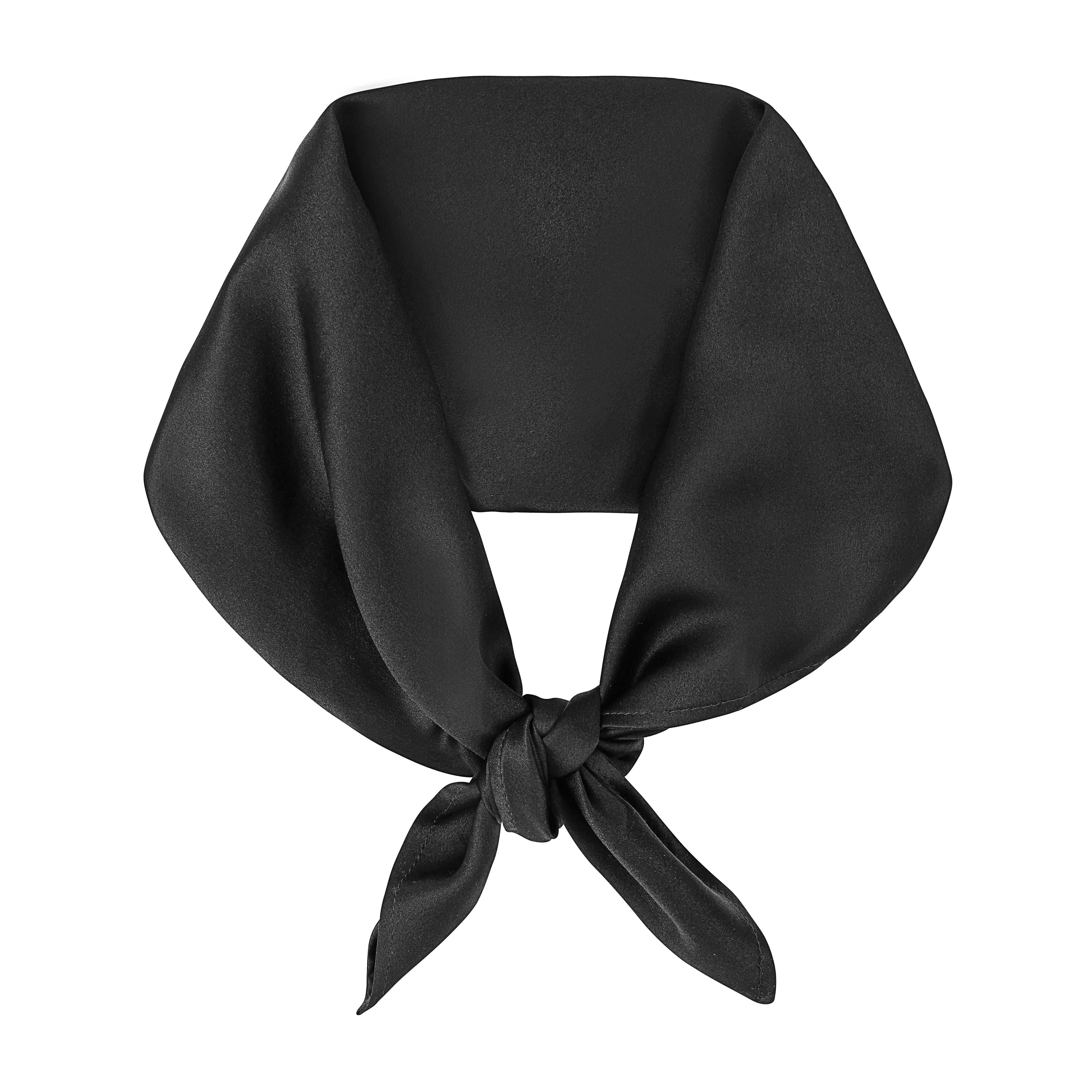 Luxurious black silk scarf by Dariia Day, tied in a simple knot, showcasing its smooth and premium quality fabric