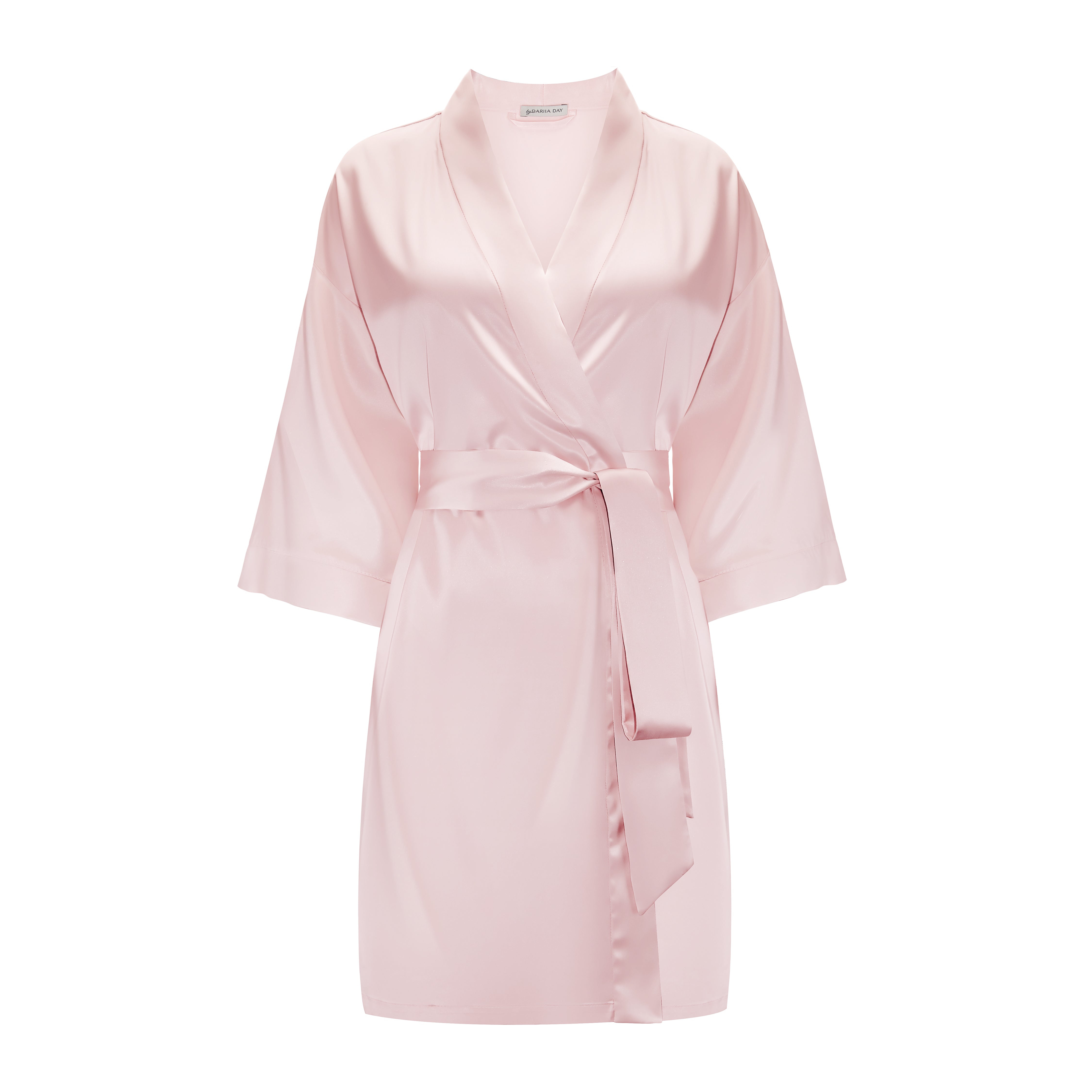 Pink A luxurious blush pink silk robe front view by Dariia Day, designed with a soft, elegant finish and a matching belt for a refined, comfortable fit.