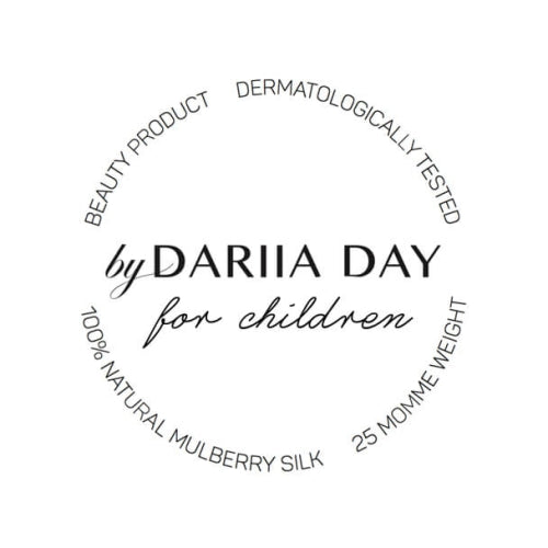 by Dariia Day for children - logo emphasizing 100% natural mulberry silk, dermatologically tested beauty product.