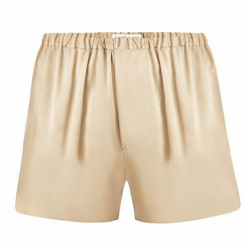 Beige French beige silk boxers by Dariia Day, displayed on a white background with an elastic waistband and soft finish.