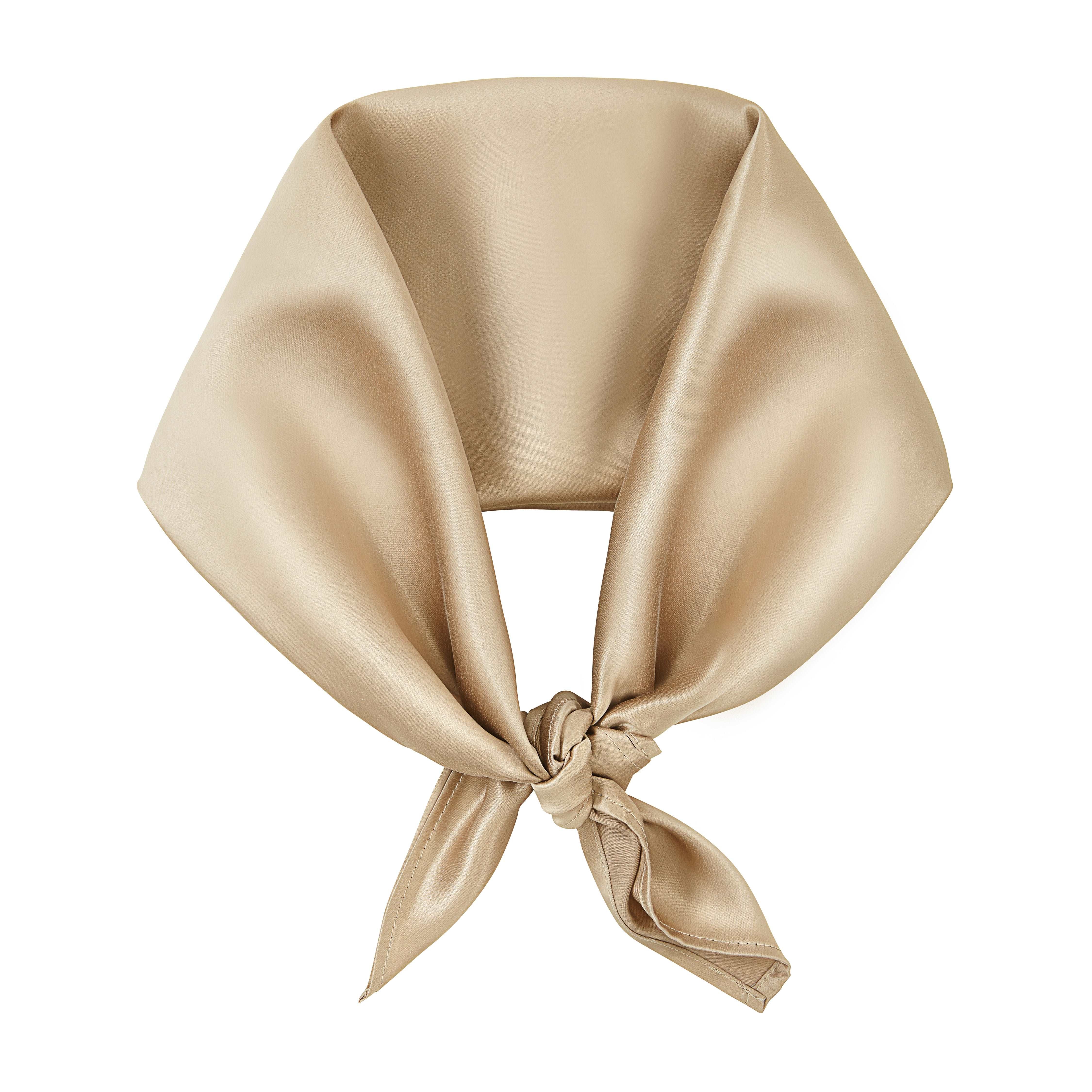 French beige square silk scarf by Dariia Day, tied in a stylish knot, luxurious and smooth fabric