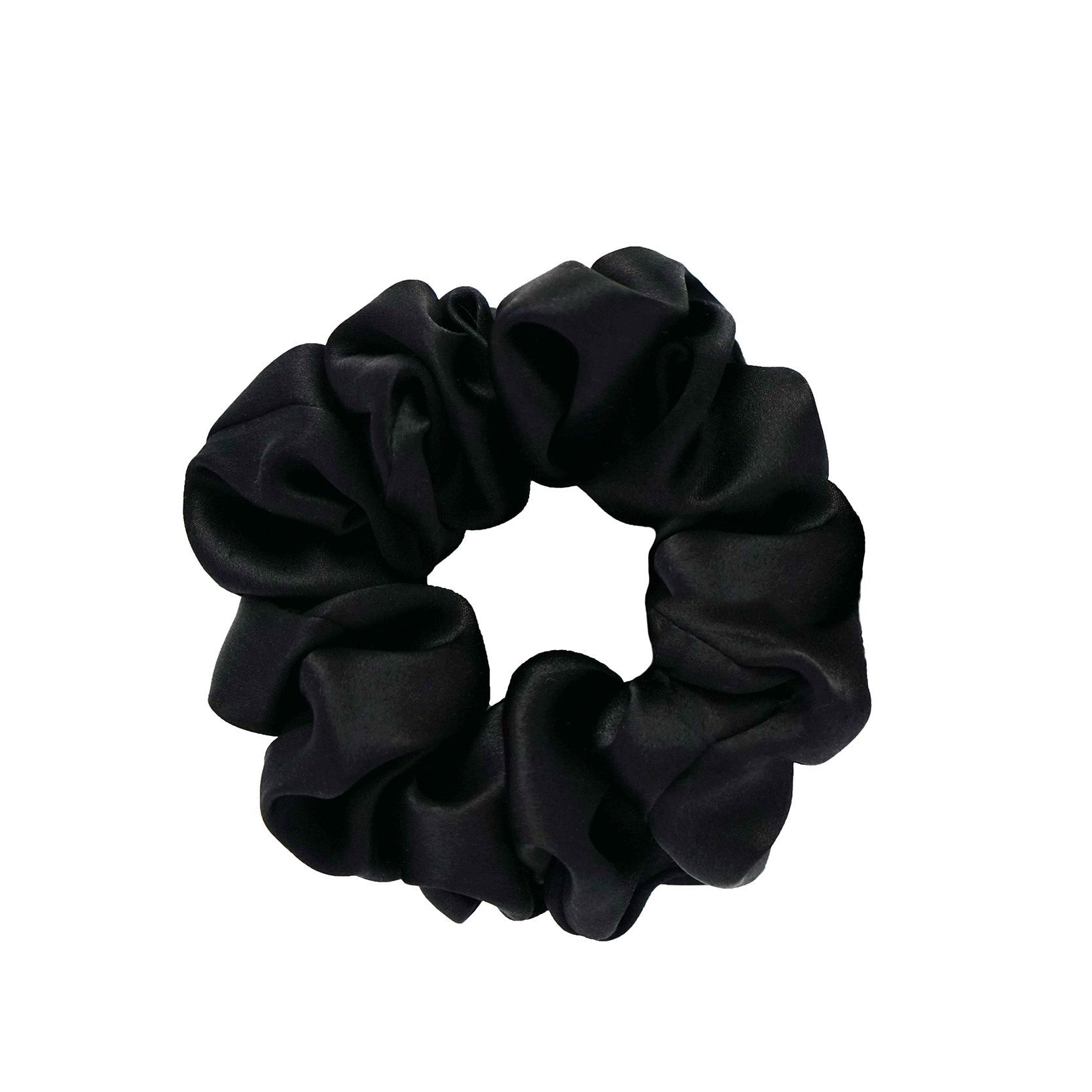 Medium black silk scrunchie by Dariia Day, soft and sleek for delicate hair care