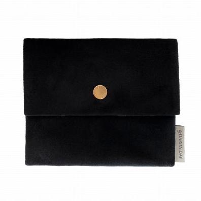 Midnight black pouch with gold snap button closure, designed to hold a silk face mask by Daria Day.