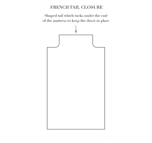 Diagram illustrating the French tail closure design for the pink blush silk duvet cover by Dariia Day, ensuring the duvet stays securely in place.

