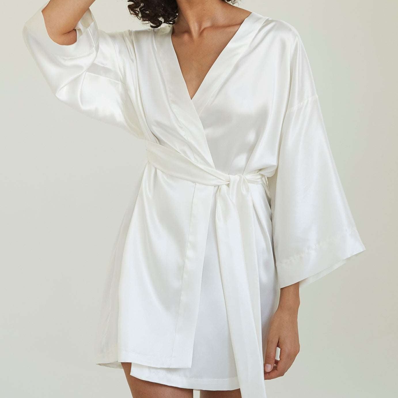 Stylish and comfortable powder white silk robe designed by Dariia Day.