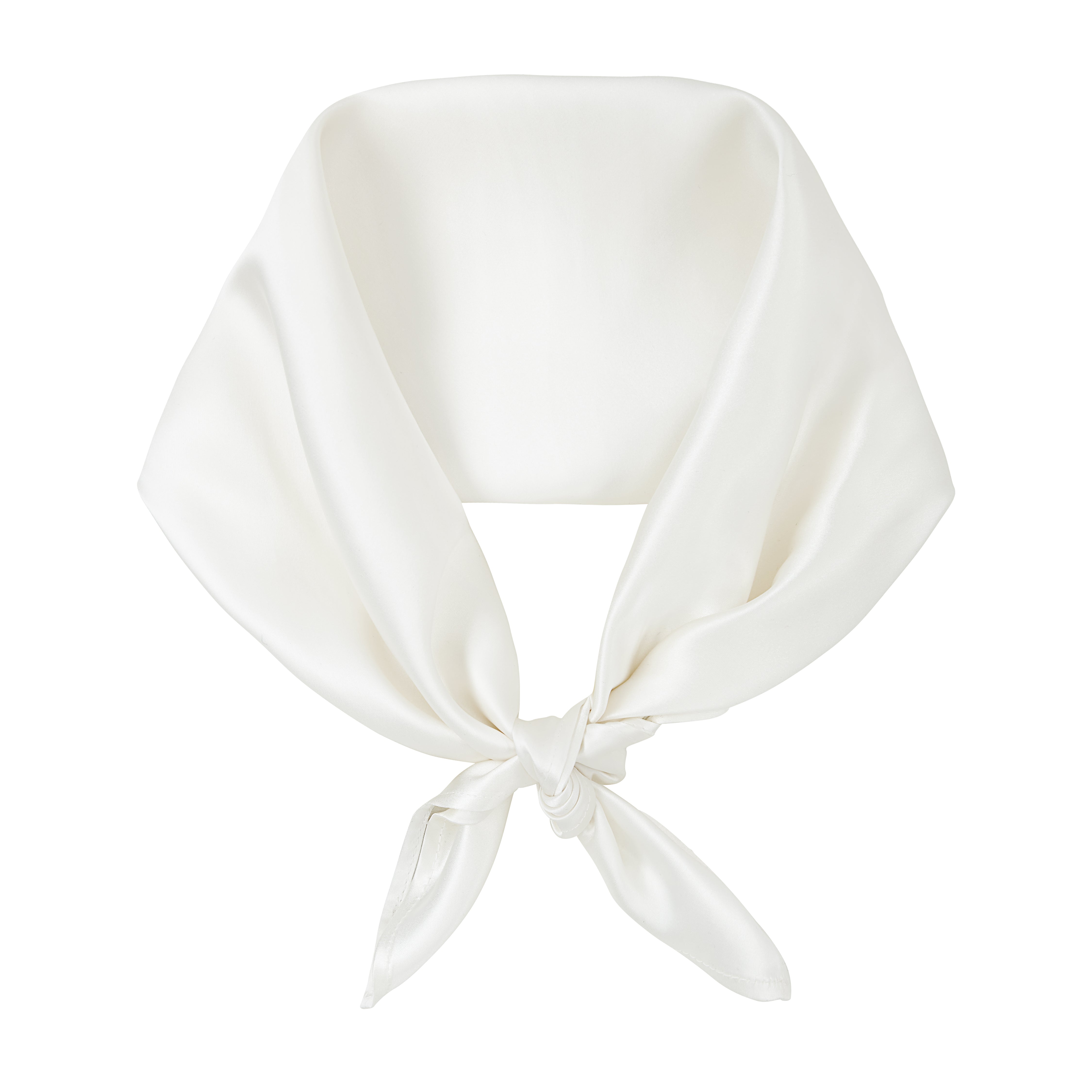 White Luxurious powder white silk scarf by Dariia Day, tied in a simple knot, smooth and premium quality fabric