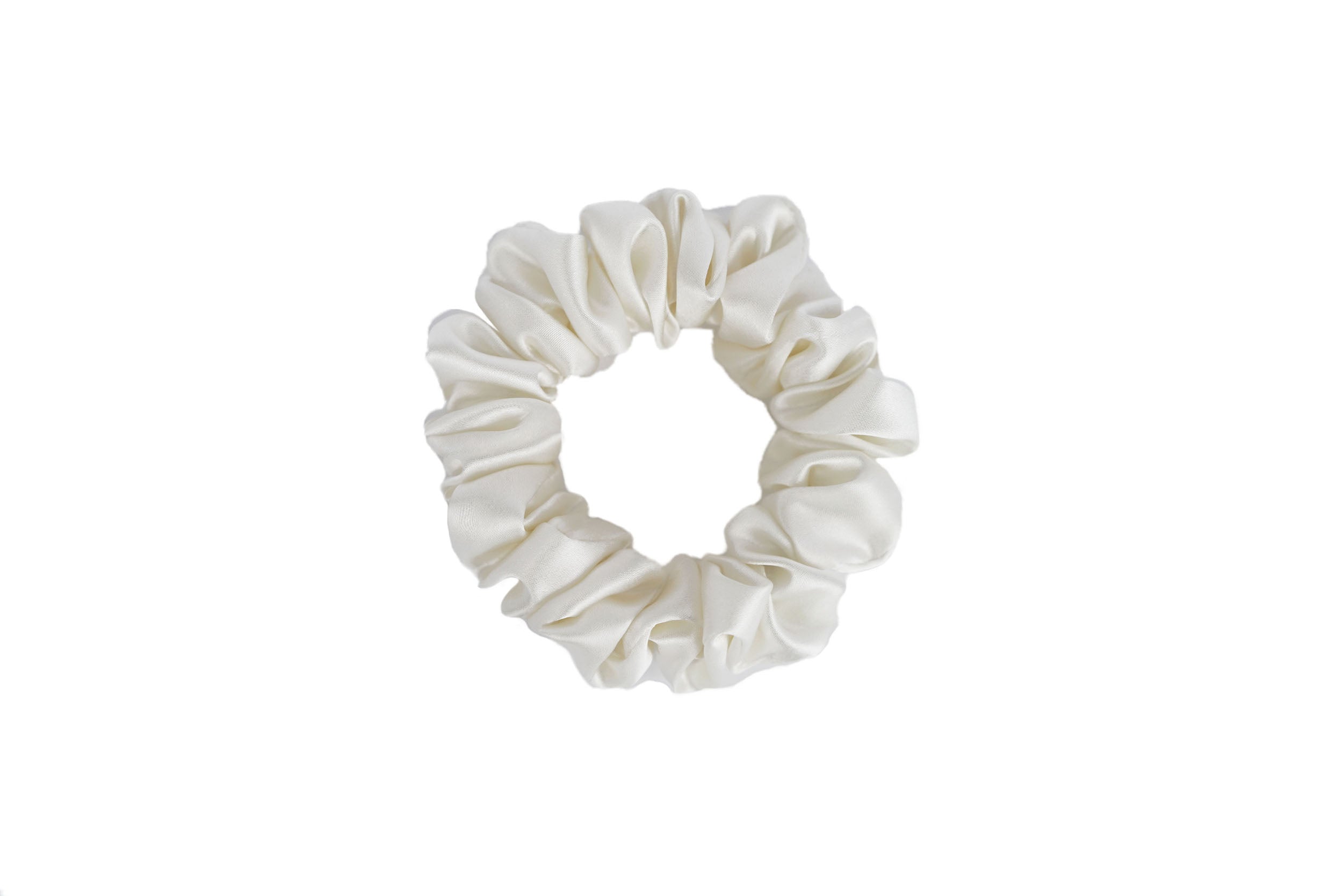 White Front view of powder white silk scrunchie by Dariia Day, a luxurious hair accessory made from high-quality silk.