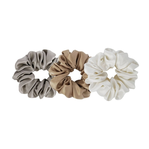 Set of 3 neutral-toned silk scrunchies in grey, beige, and white by Dariia Day, ideal for luxurious hair care.