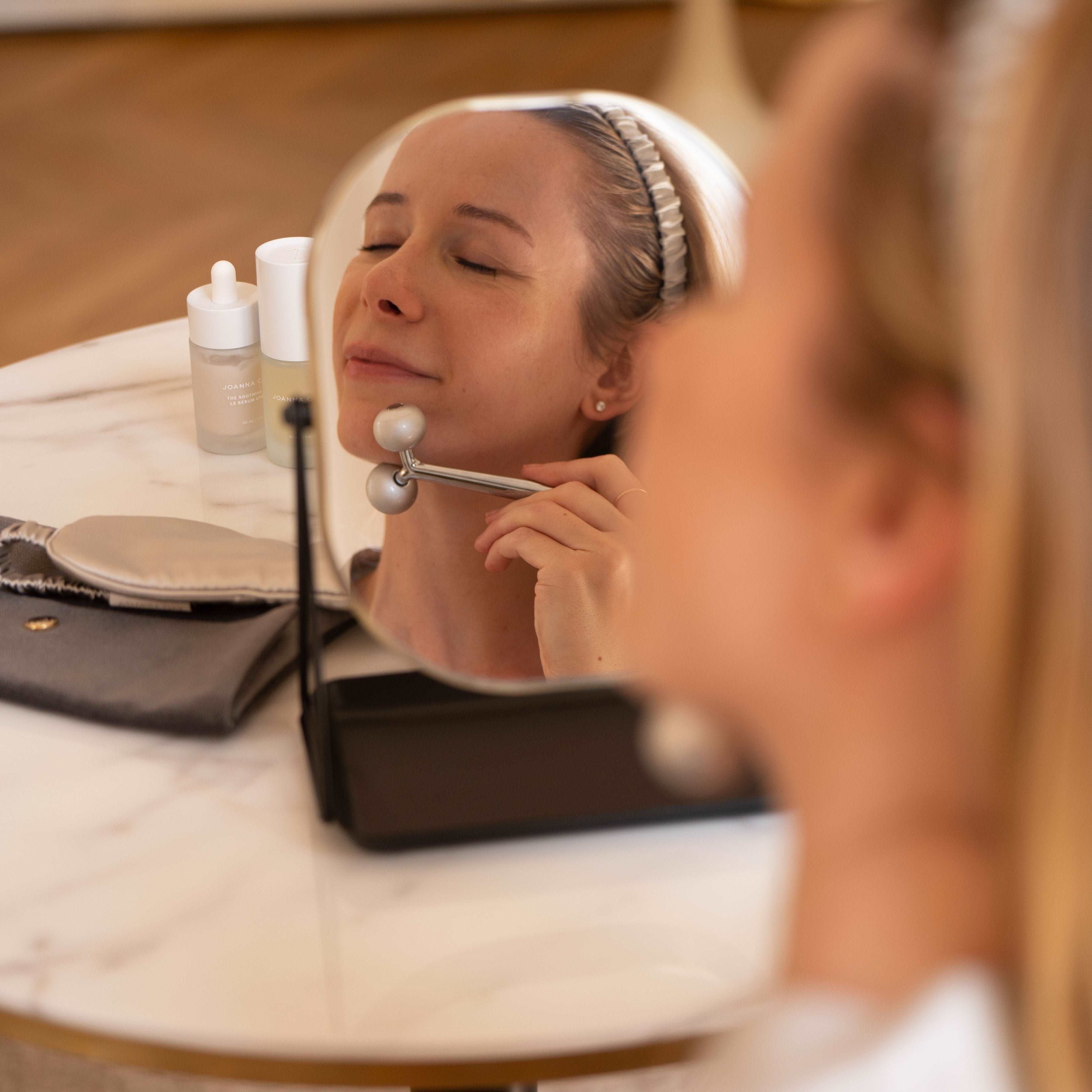 Self-care set by Dariia Day and Joanna Czech with a silk eye mask, headband and face massager for beauty rituals