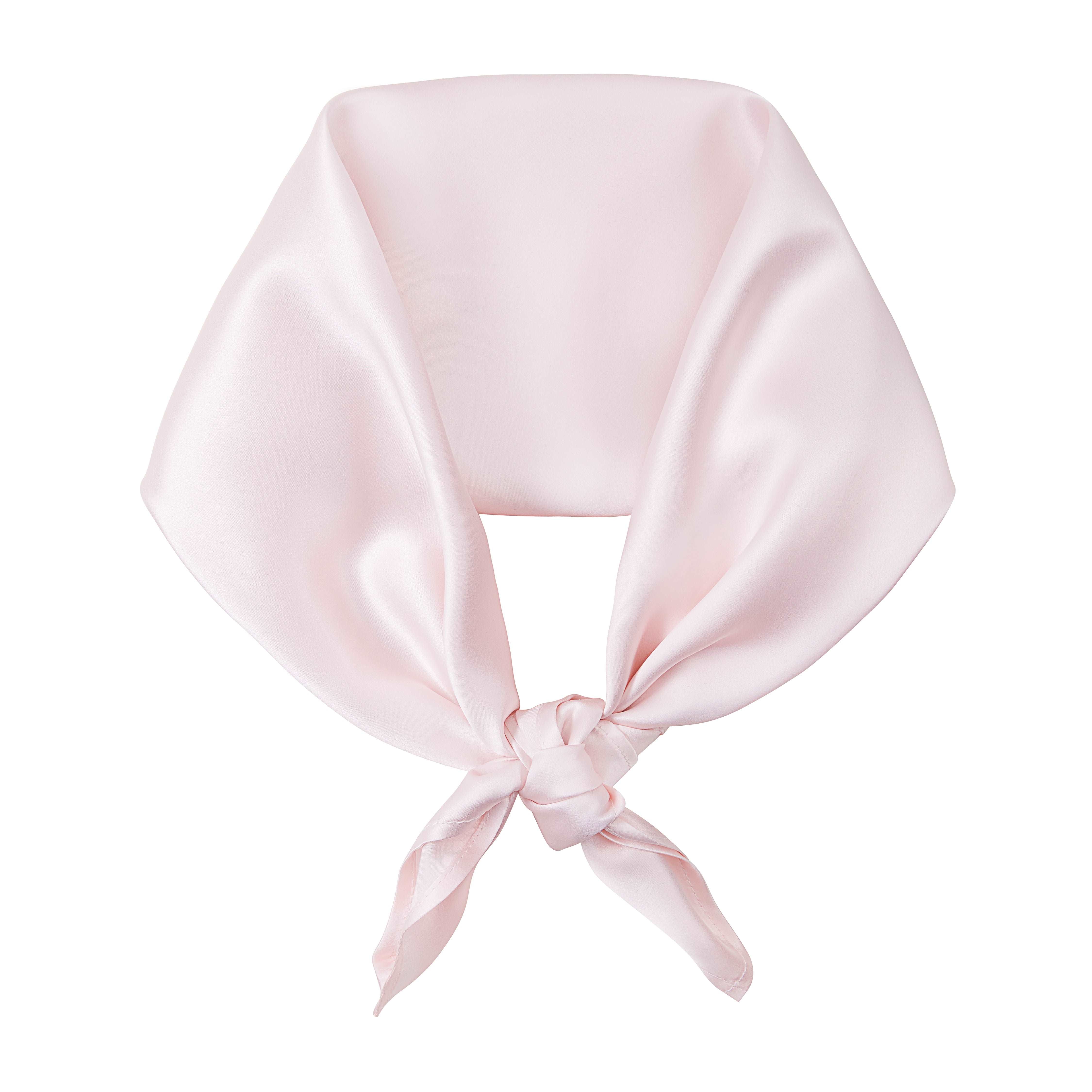 Front view of the blush pink silk scarf square by Dariia Day, tied with a knot for a chic look.