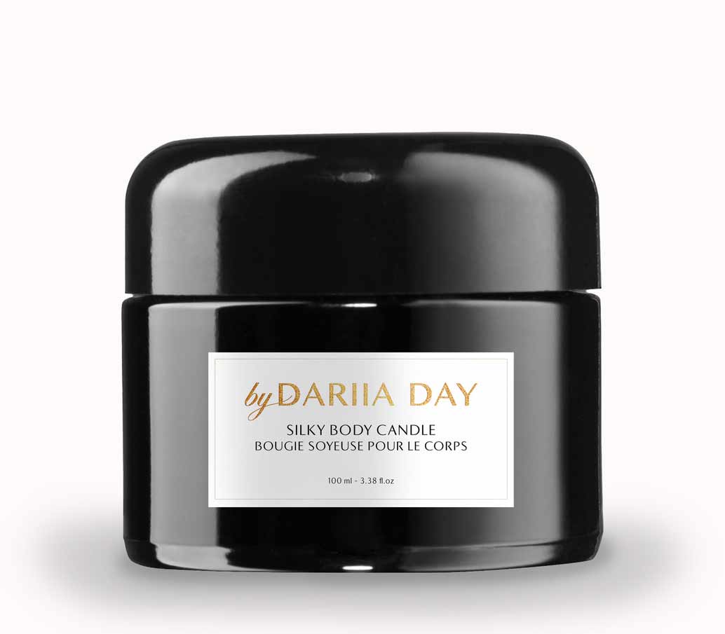 Silky Body Candle by Dariia Day - 100ml black jar with elegant gold branding.