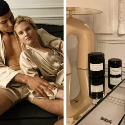 Couple in silk robes enjoying a relaxing moment with Dariia Day's Silky Body Candle and Morning Blooming Tea ritual.