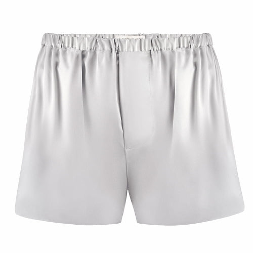 Silver grey silk boxers by Dariia Day, laid flat showcasing the luxurious smooth fabric and elastic waistband.