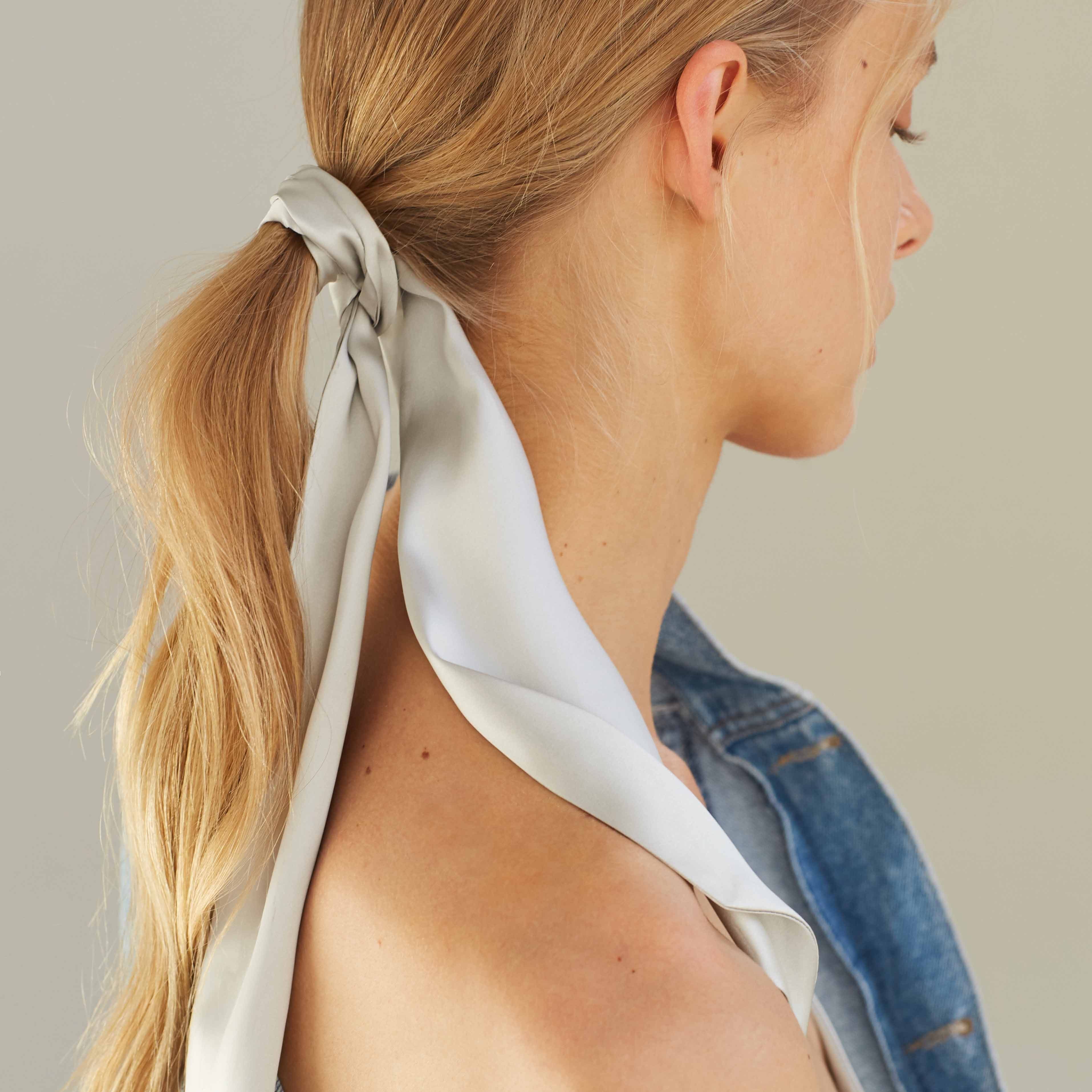 Grey Back view of Silver Grey Silk Scarf tied in a ponytail by Dariia Day