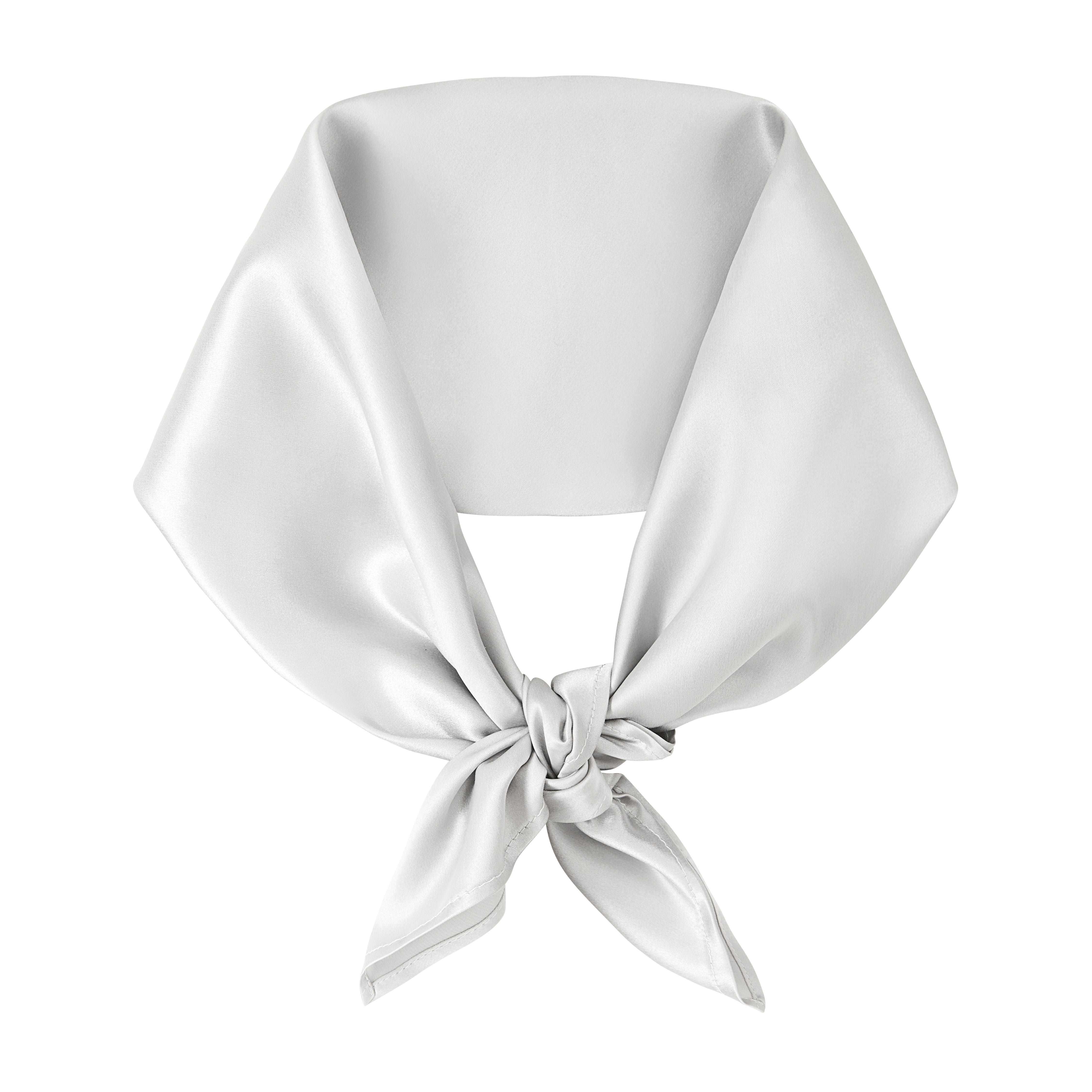 Luxurious silver grey silk scarf by Dariia Day, tied in a neat knot, showcasing the smooth and elegant fabric