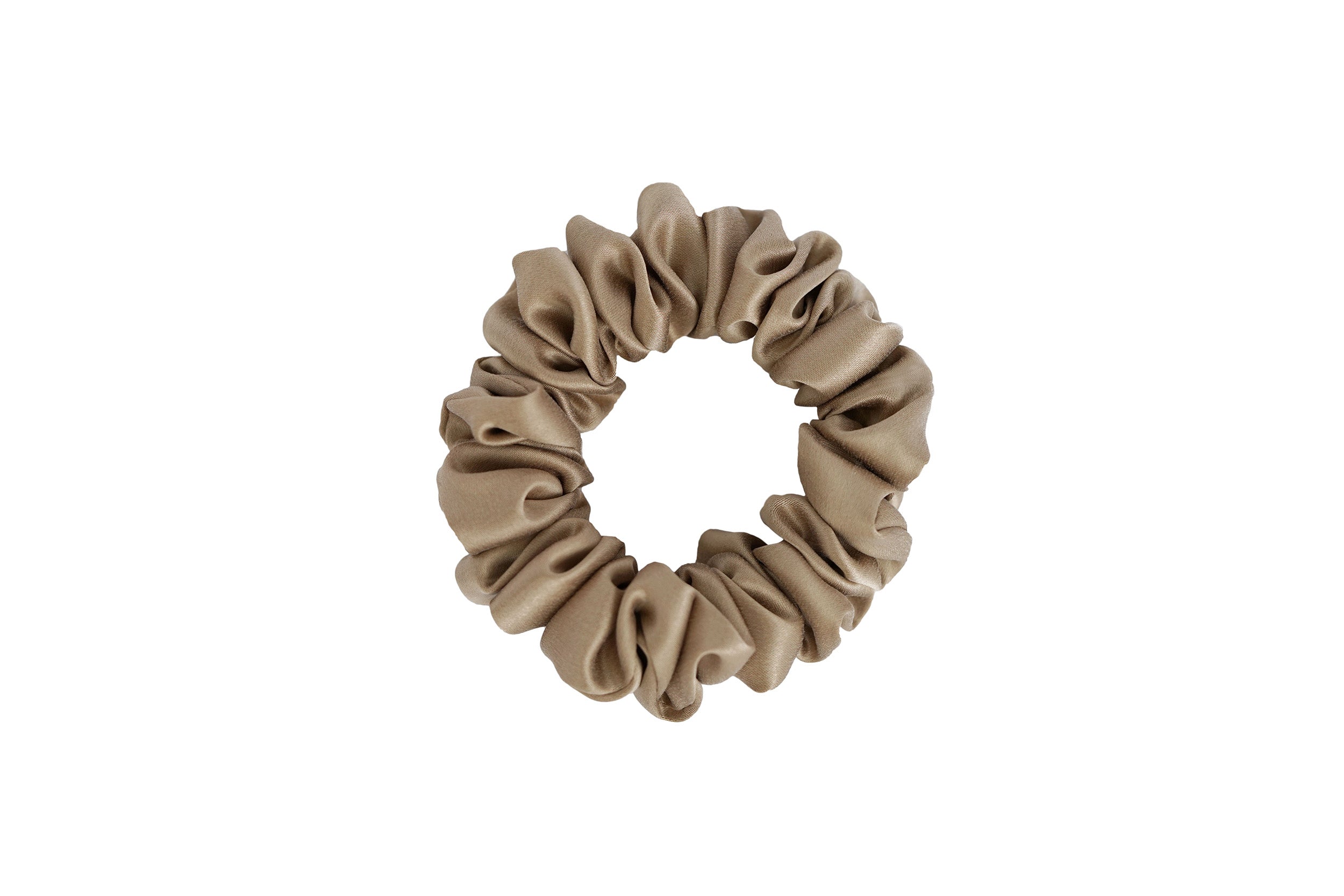 Small beige silk scrunchie by Dariia Day, a delicate and elegant hair accessory