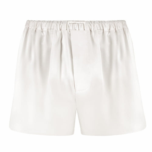 White silk boxers by Dariia Day, featuring an elastic waistband and smooth, luxurious fabric.